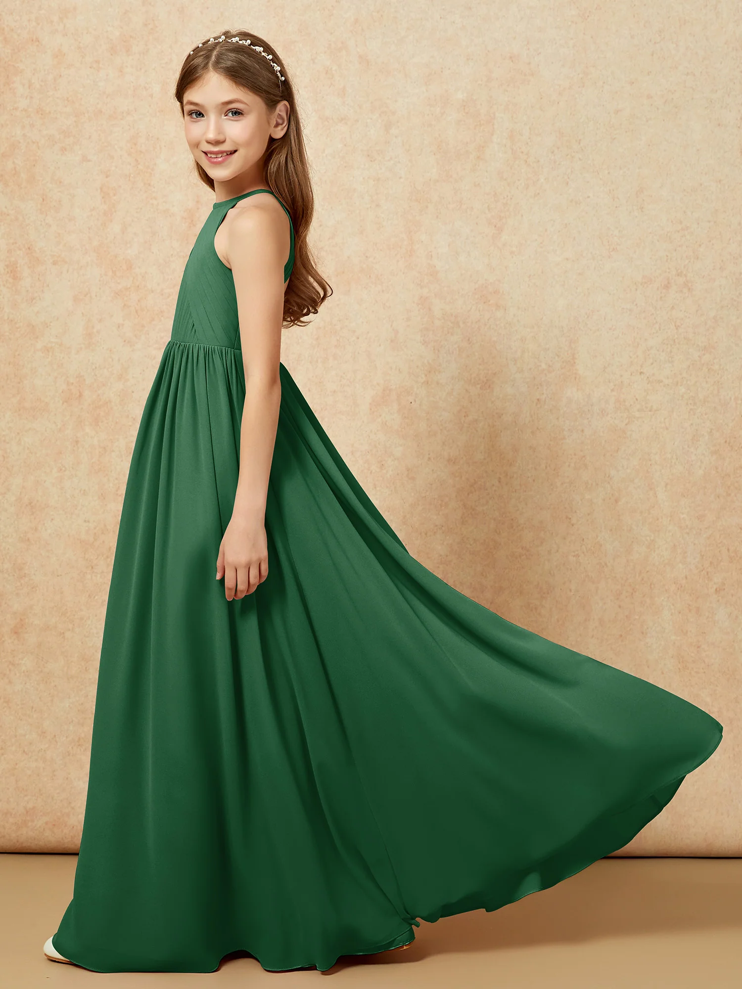 Halter Pleated Long Chiffon Junior Bridesmaid Dress Dark Green - Image 7