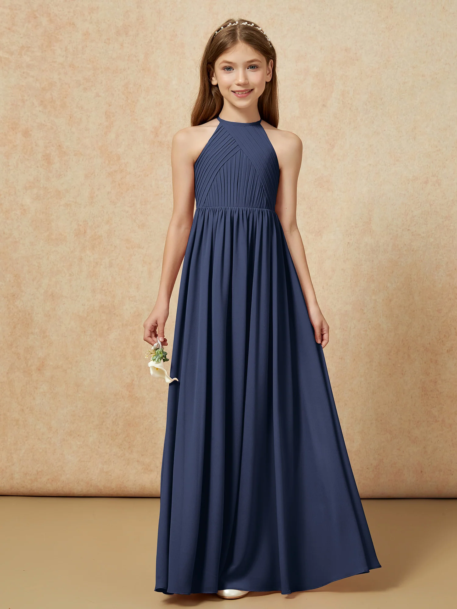 Halter Pleated Long Chiffon Junior Bridesmaid Dress Dark Navy