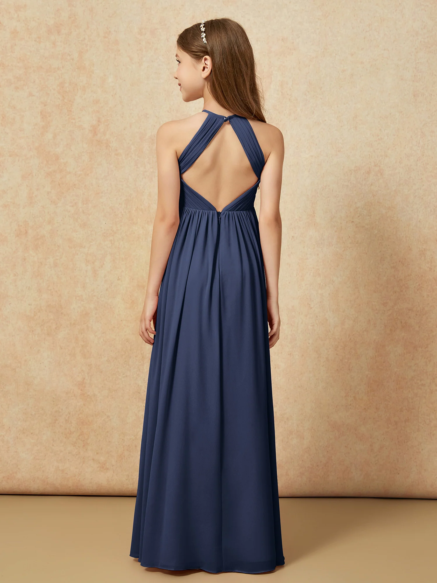Halter Pleated Long Chiffon Junior Bridesmaid Dress Dark Navy - Image 2