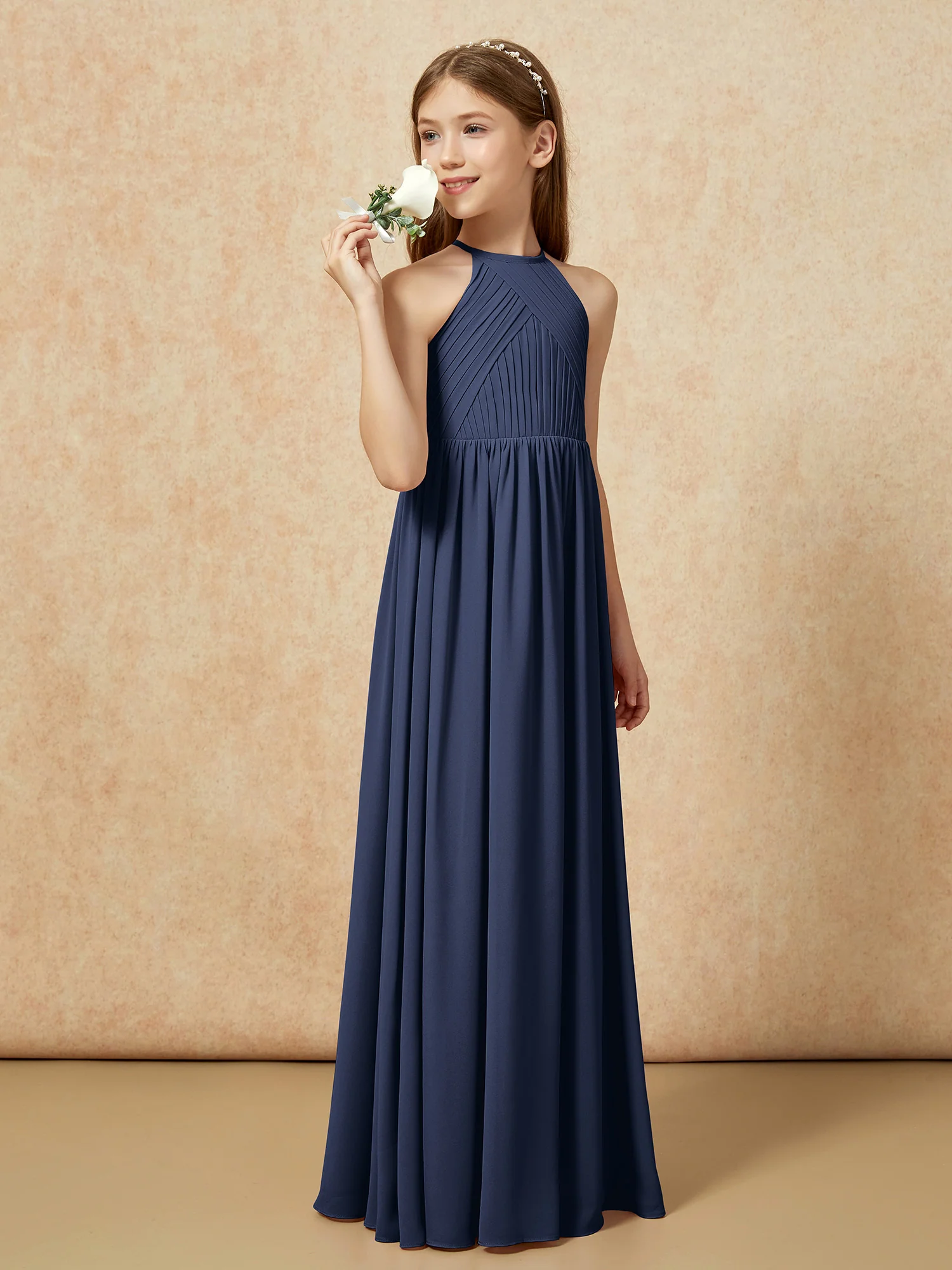 Halter Pleated Long Chiffon Junior Bridesmaid Dress Dark Navy - Image 3