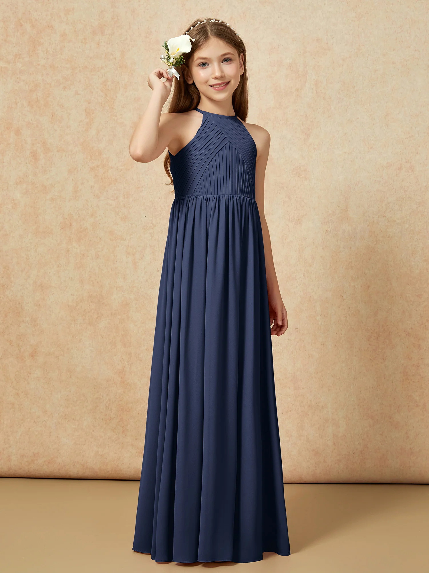 Halter Pleated Long Chiffon Junior Bridesmaid Dress Dark Navy - Image 4