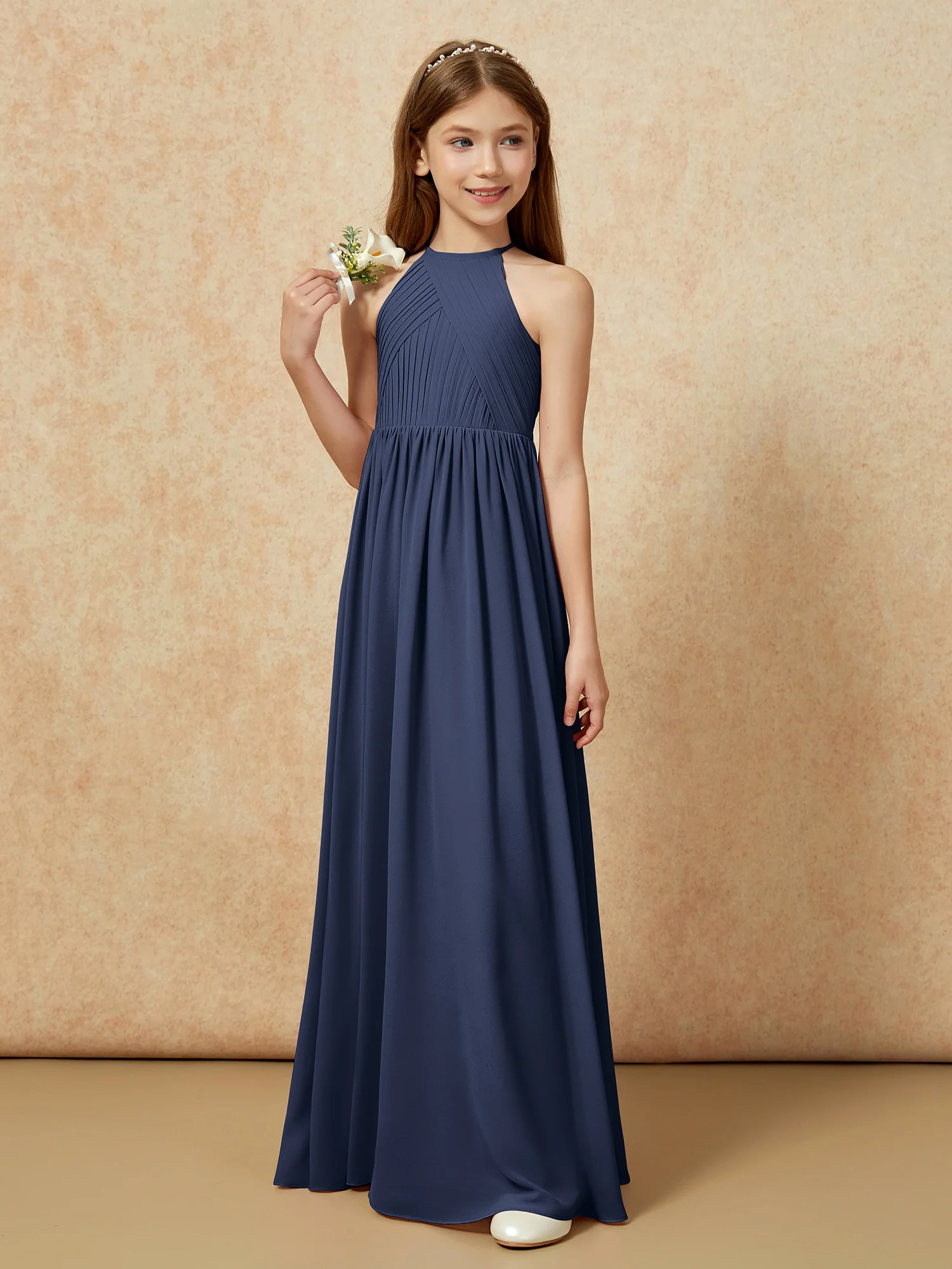Halter Pleated Long Chiffon Junior Bridesmaid Dress Dark Navy - Image 5