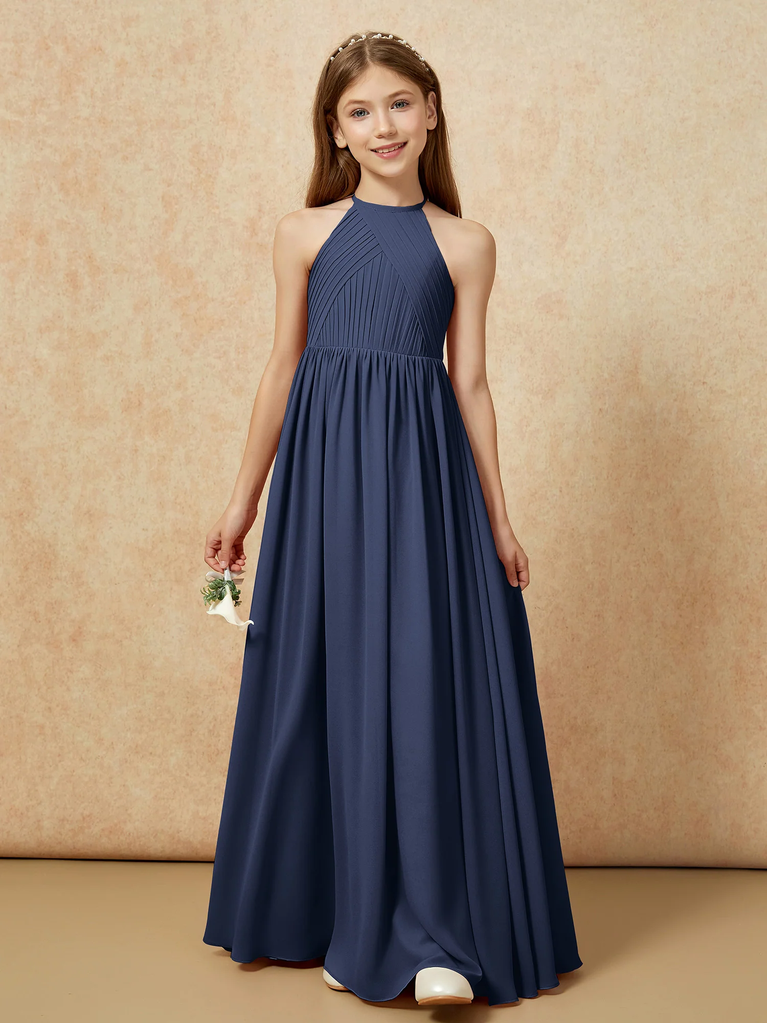 Halter Pleated Long Chiffon Junior Bridesmaid Dress Dark Navy - Image 6