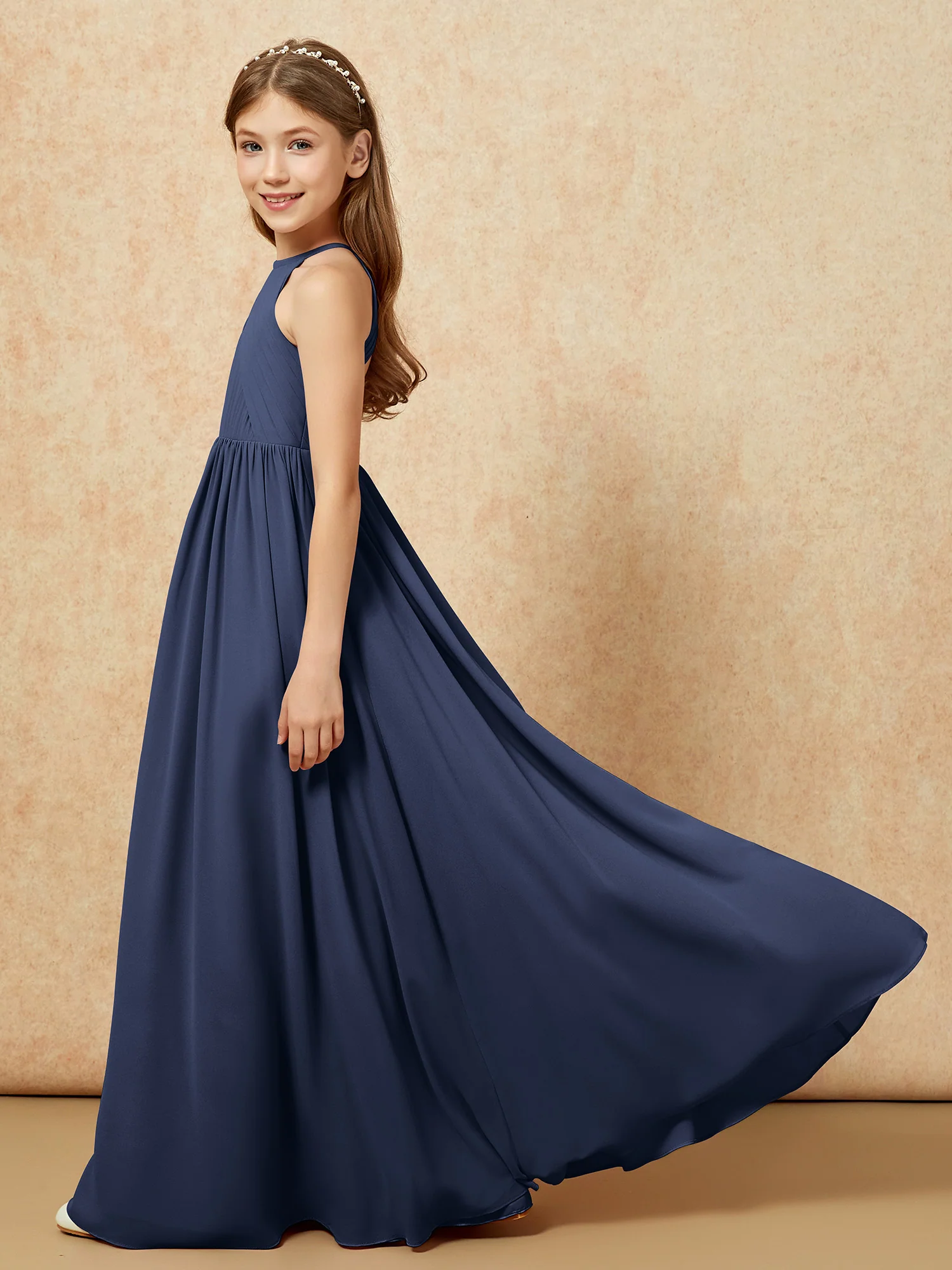 Halter Pleated Long Chiffon Junior Bridesmaid Dress Dark Navy - Image 7