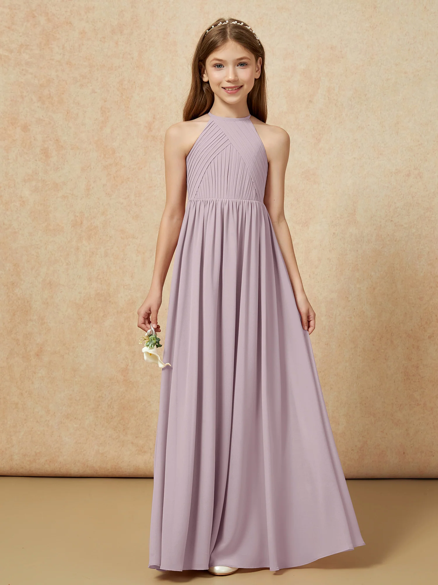 Halter Pleated Long Chiffon Junior Bridesmaid Dress Dusk