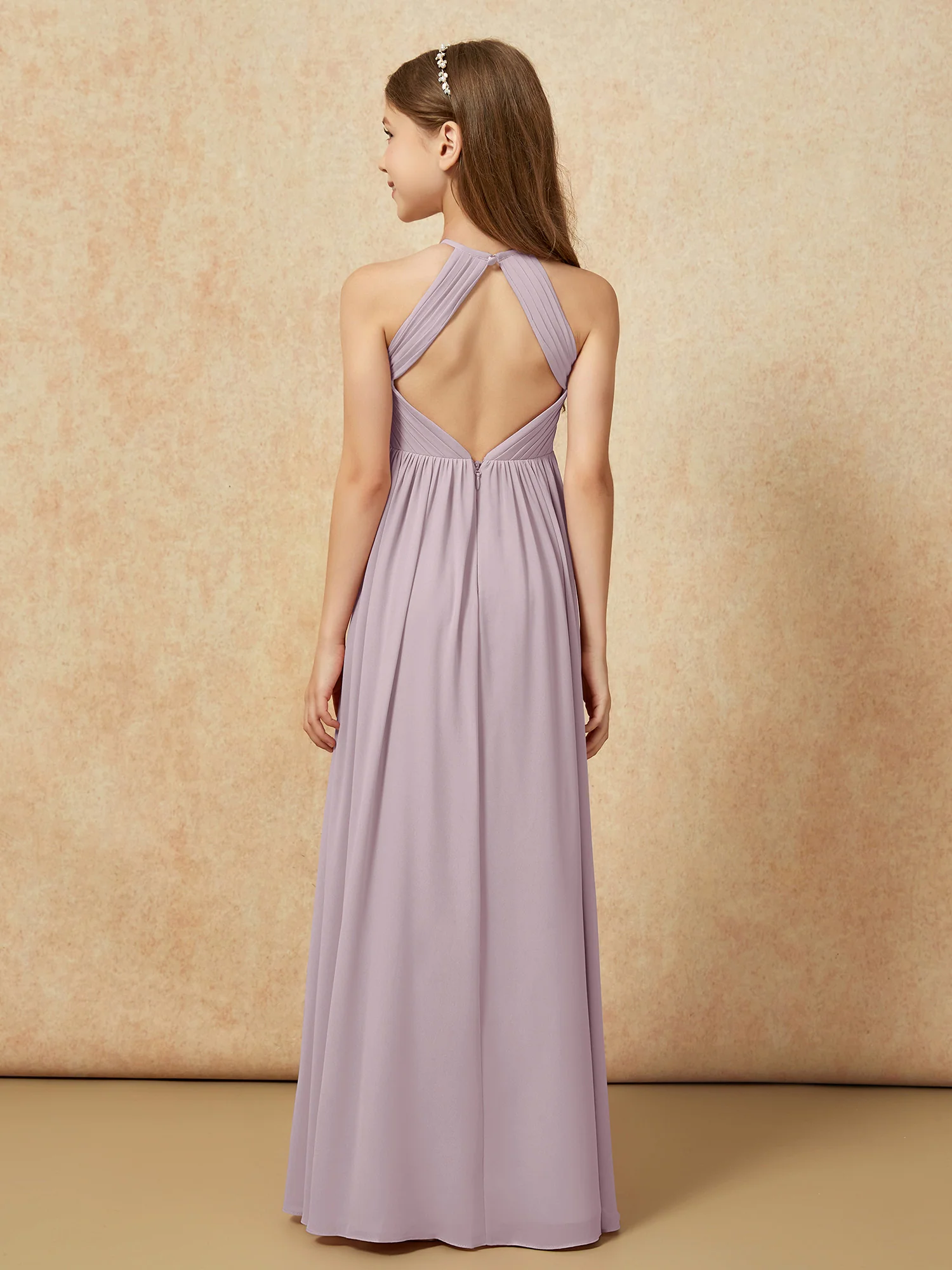 Halter Pleated Long Chiffon Junior Bridesmaid Dress Dusk - Image 2