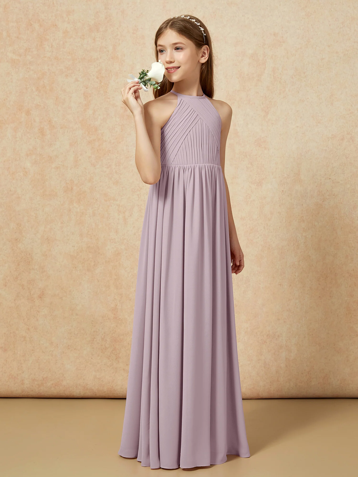 Halter Pleated Long Chiffon Junior Bridesmaid Dress Dusk - Image 3