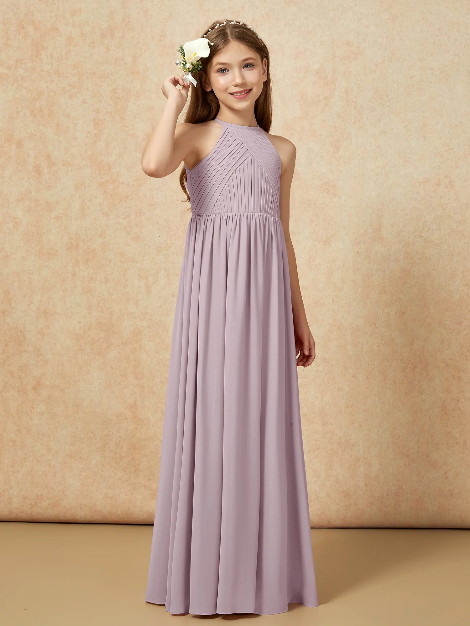 Halter Pleated Long Chiffon Junior Bridesmaid Dress Dusk - Image 4