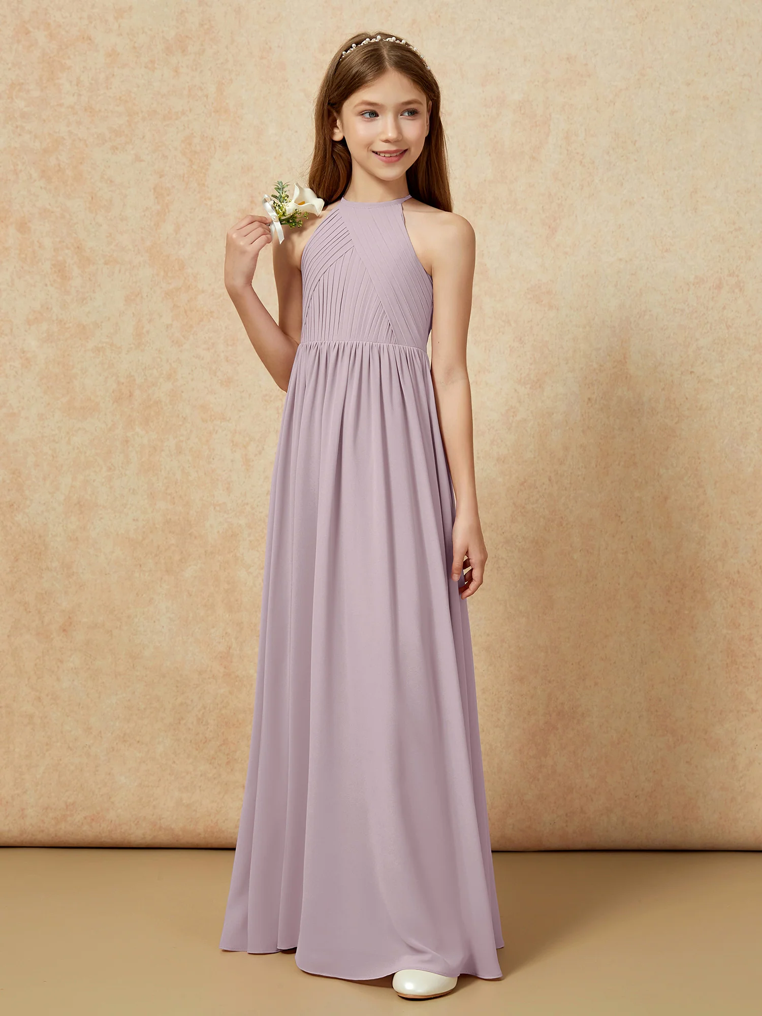 Halter Pleated Long Chiffon Junior Bridesmaid Dress Dusk - Image 5