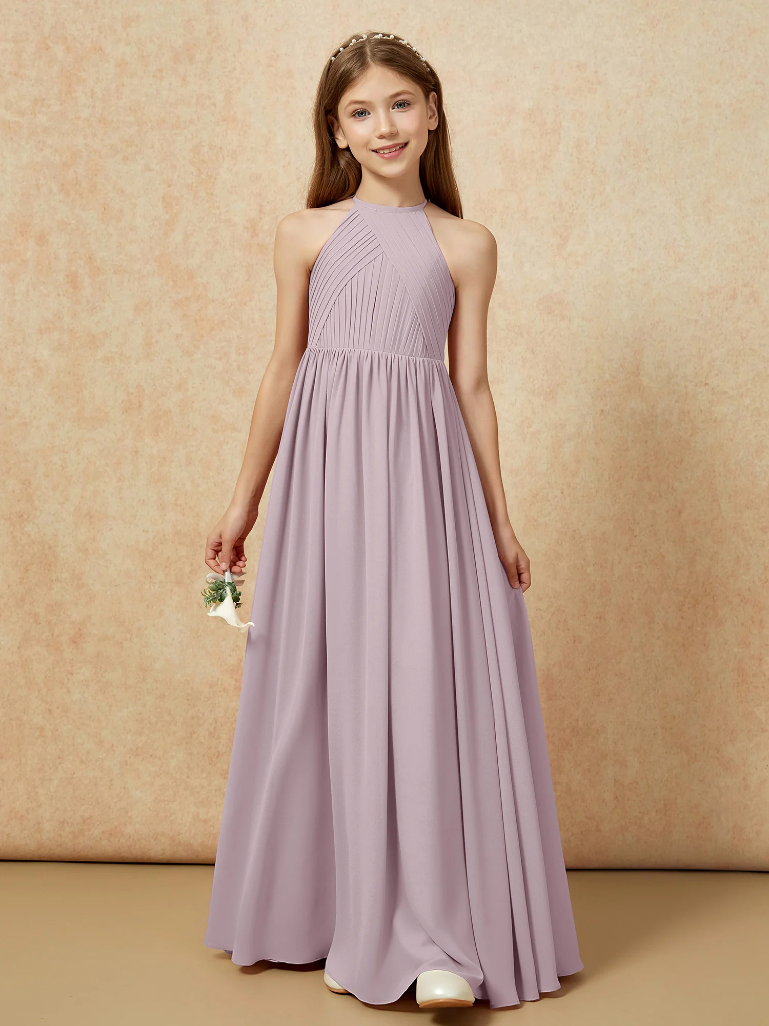 Halter Pleated Long Chiffon Junior Bridesmaid Dress Dusk - Image 6