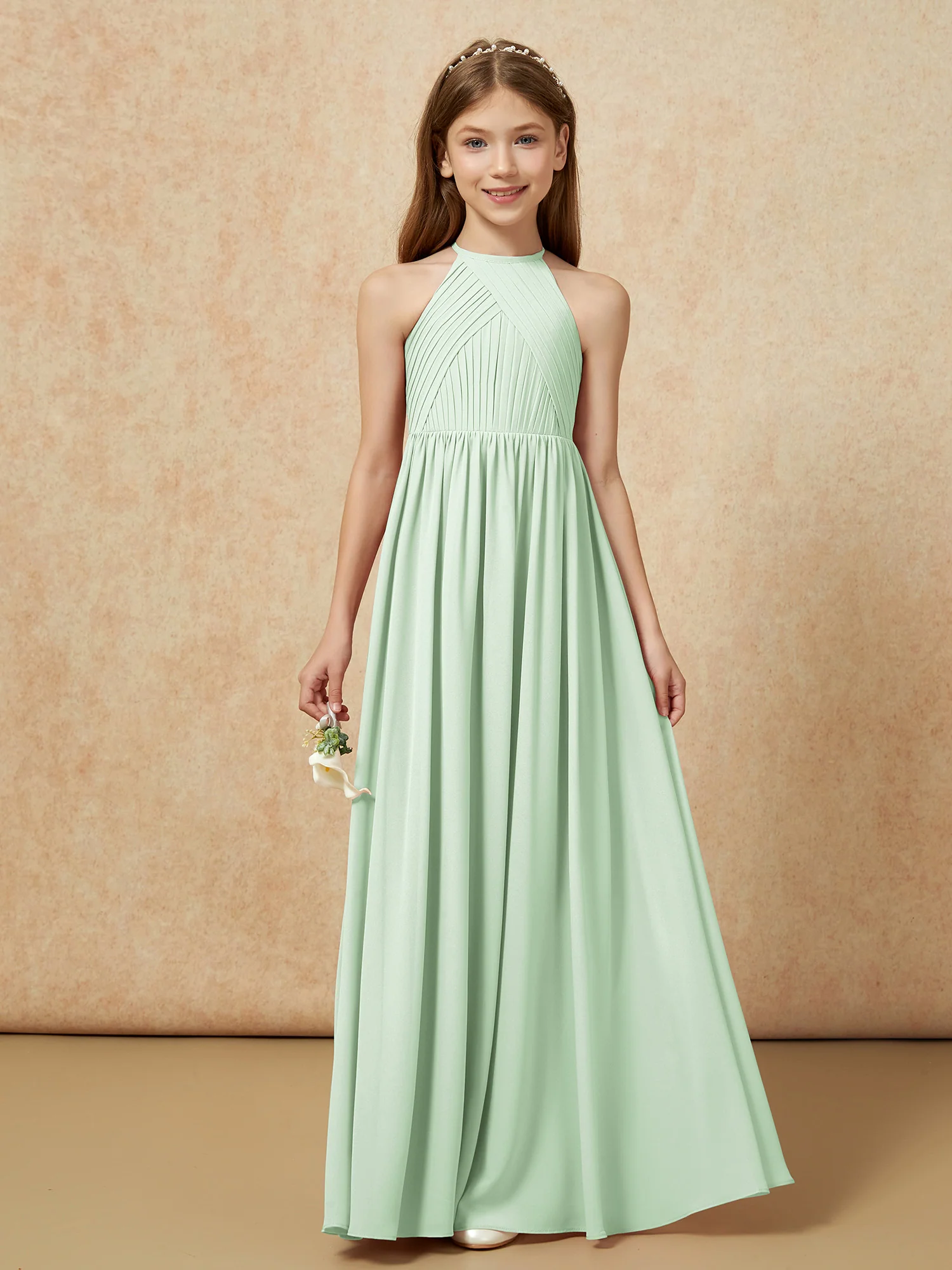 Halter Pleated Long Chiffon Junior Bridesmaid Dress Dusty Sage