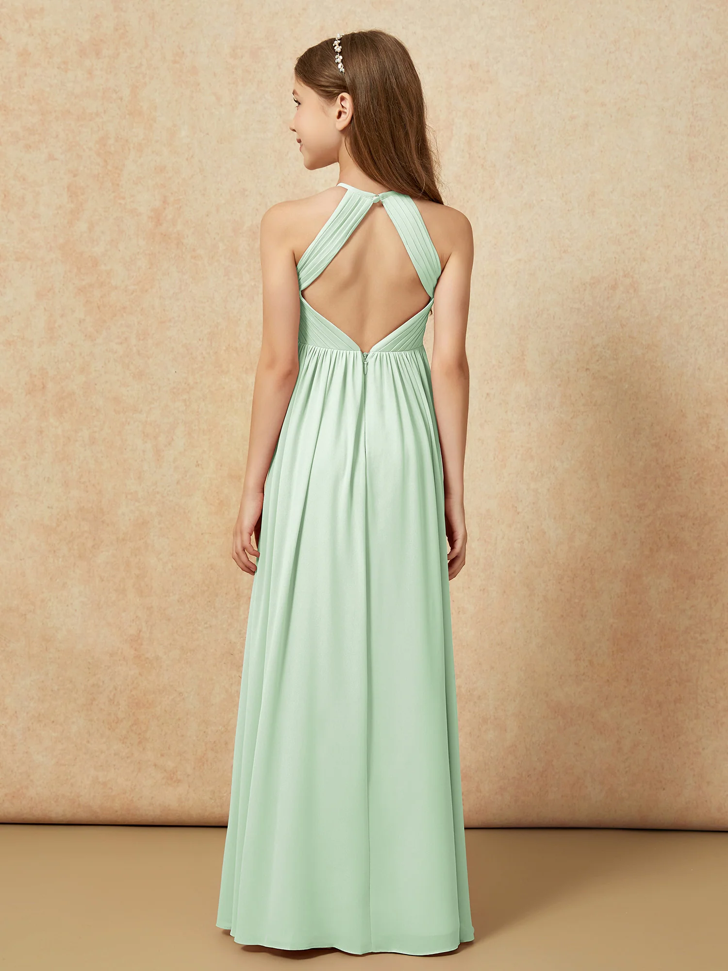 Halter Pleated Long Chiffon Junior Bridesmaid Dress Dusty Sage - Image 2