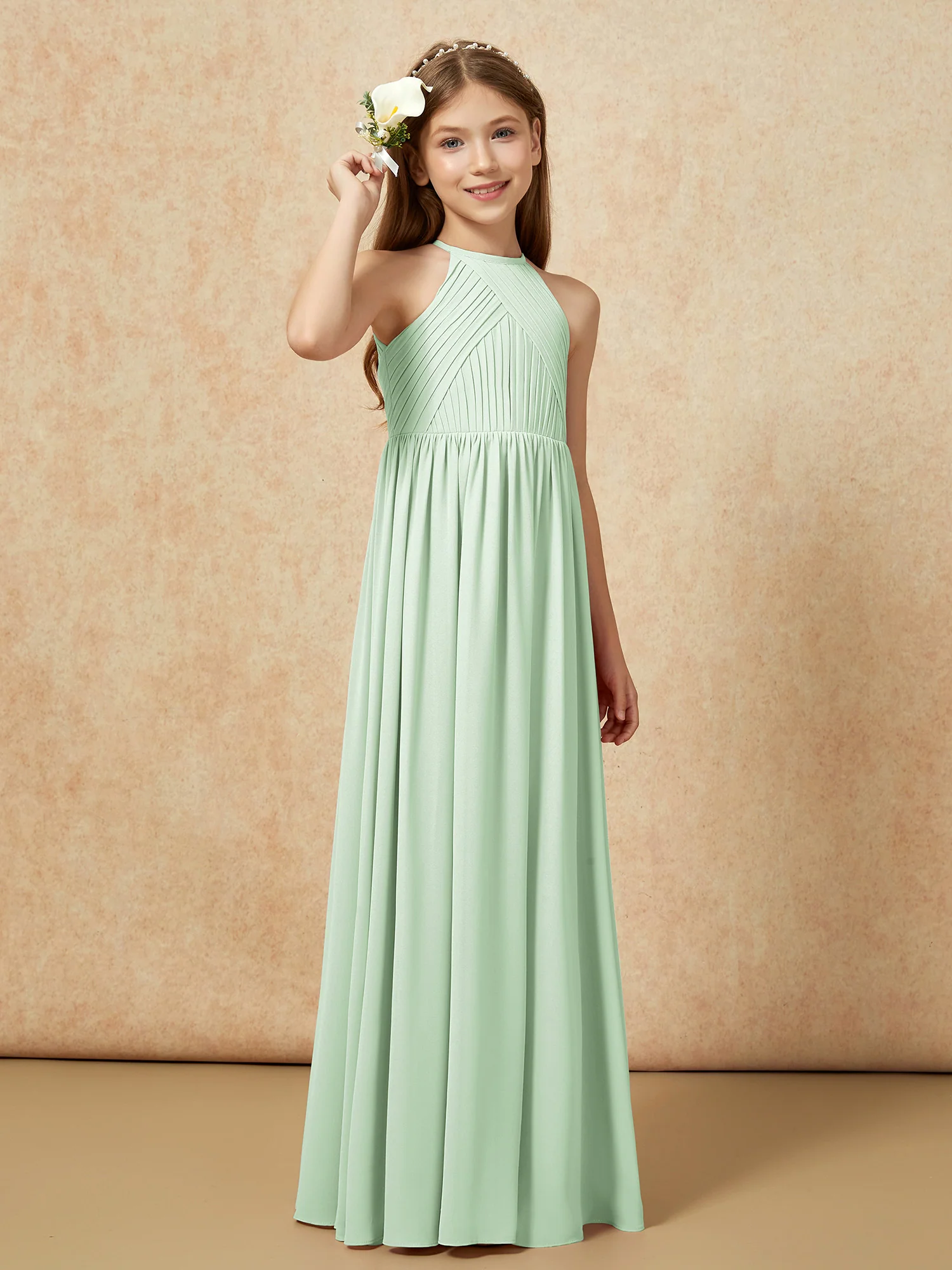 Halter Pleated Long Chiffon Junior Bridesmaid Dress Dusty Sage - Image 4