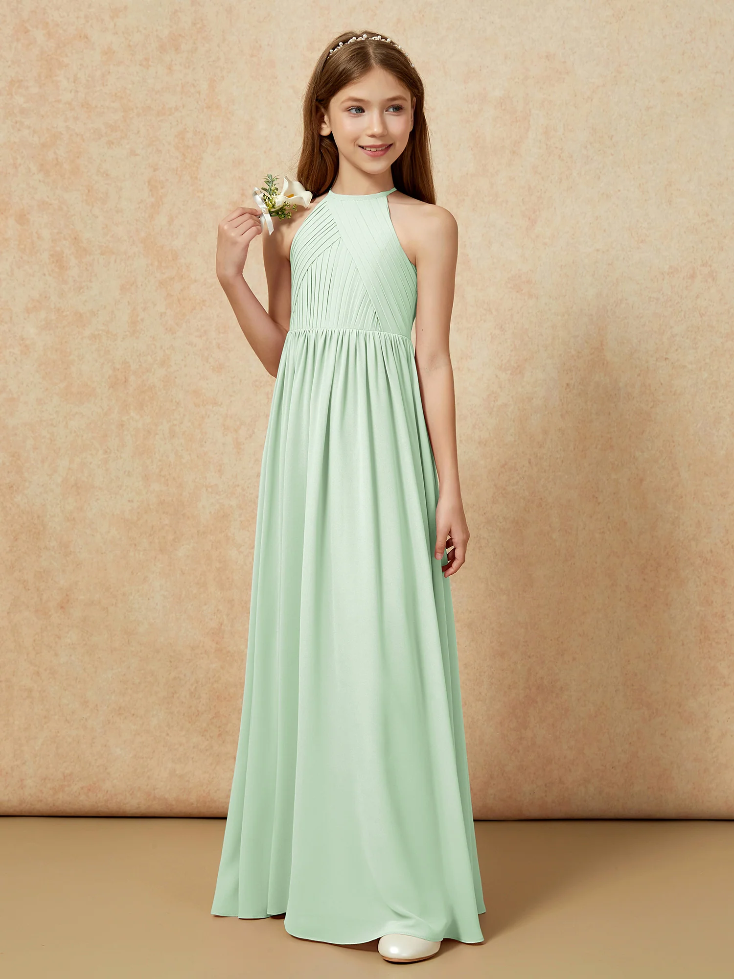 Halter Pleated Long Chiffon Junior Bridesmaid Dress Dusty Sage - Image 5