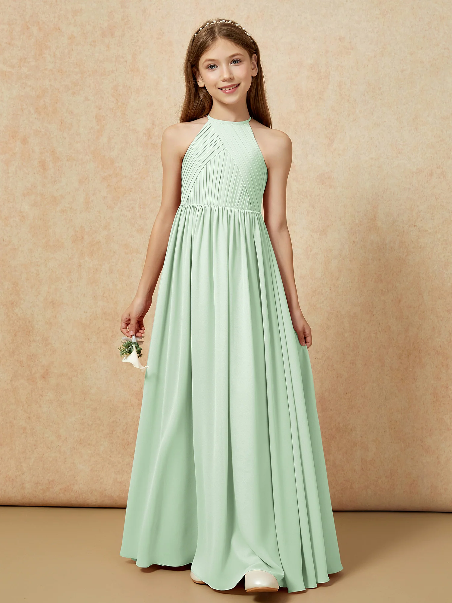 Halter Pleated Long Chiffon Junior Bridesmaid Dress Dusty Sage - Image 6