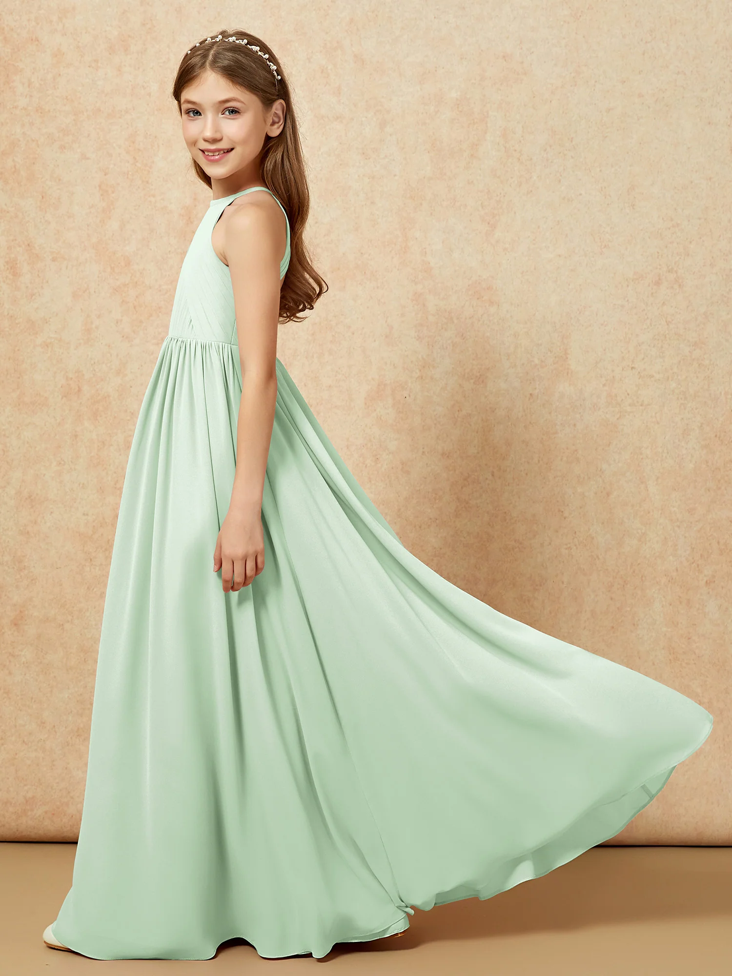 Halter Pleated Long Chiffon Junior Bridesmaid Dress Dusty Sage - Image 7