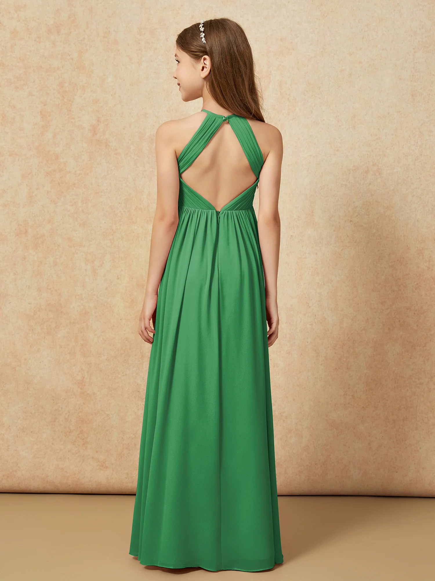 Halter Pleated Long Chiffon Junior Bridesmaid Dress Emerald - Image 2