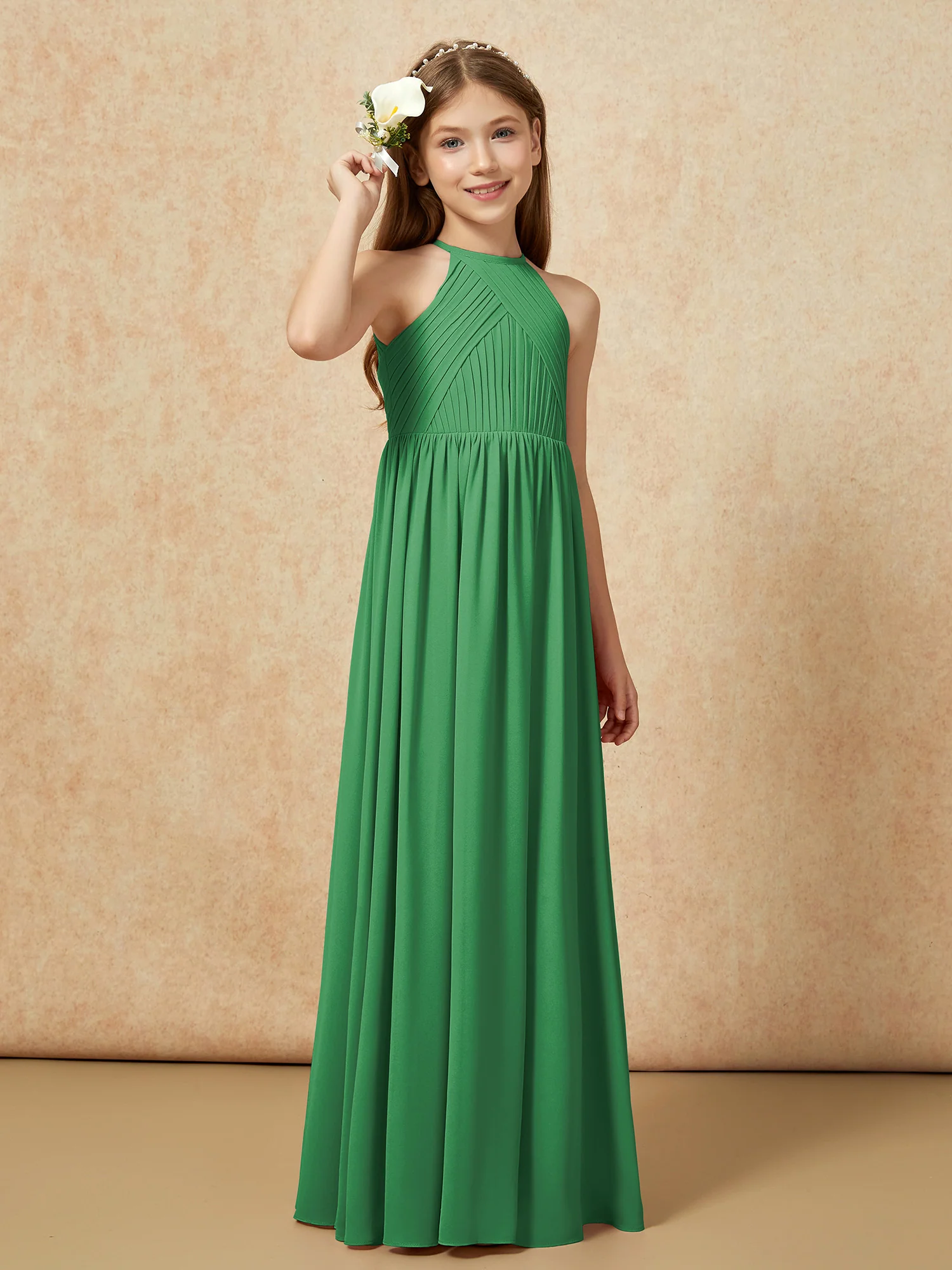 Halter Pleated Long Chiffon Junior Bridesmaid Dress Emerald - Image 4