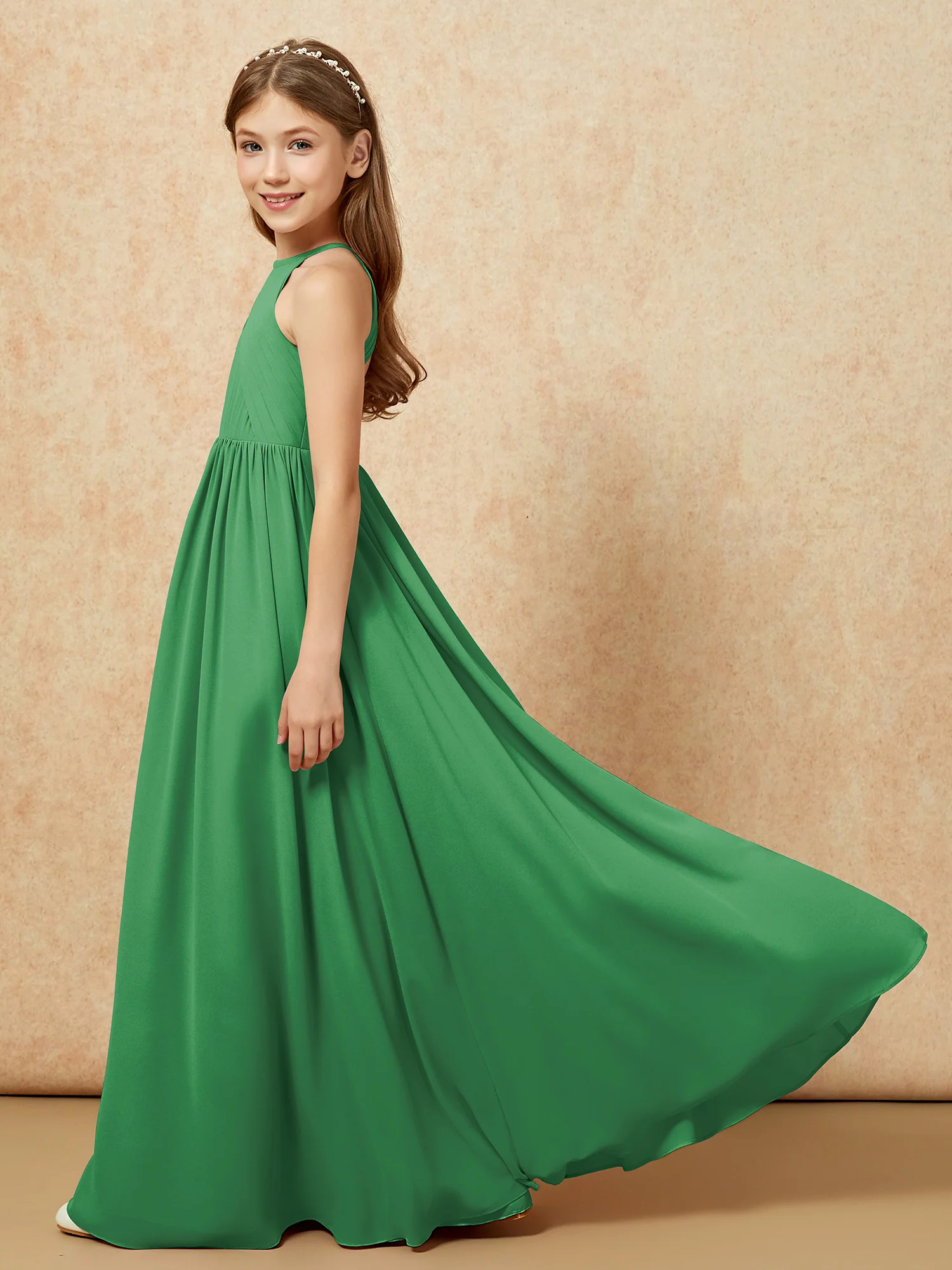 Halter Pleated Long Chiffon Junior Bridesmaid Dress Emerald - Image 7