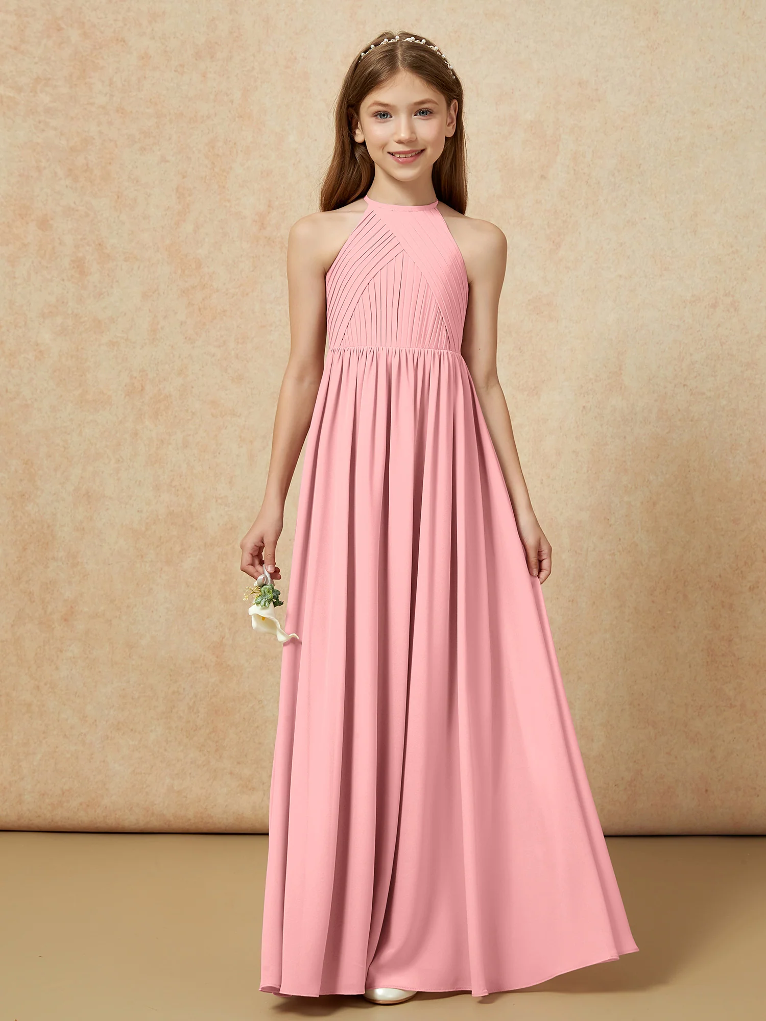Halter Pleated Long Chiffon Junior Bridesmaid Dress Flamingo