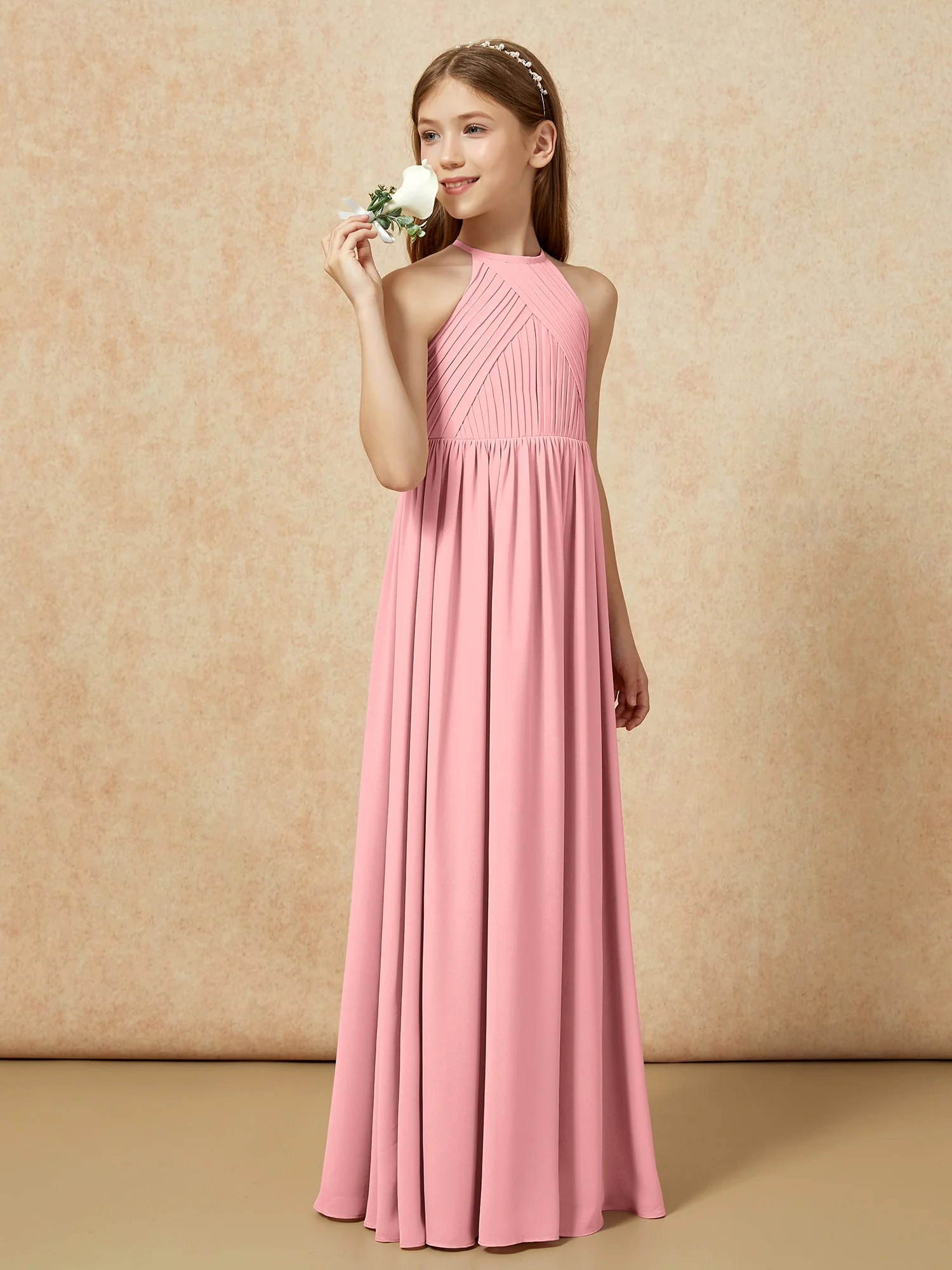 Halter Pleated Long Chiffon Junior Bridesmaid Dress Flamingo - Image 3