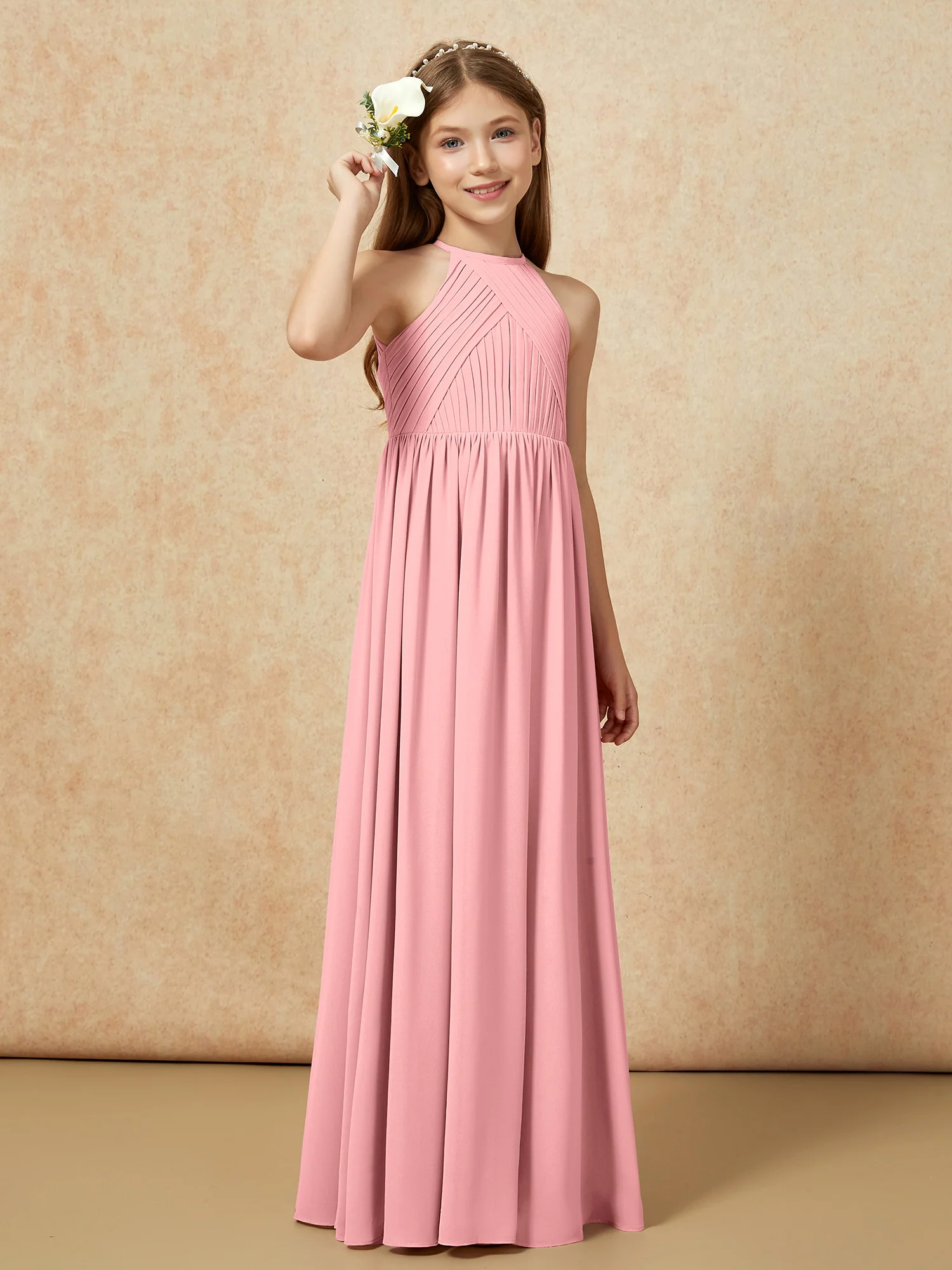 Halter Pleated Long Chiffon Junior Bridesmaid Dress Flamingo - Image 4