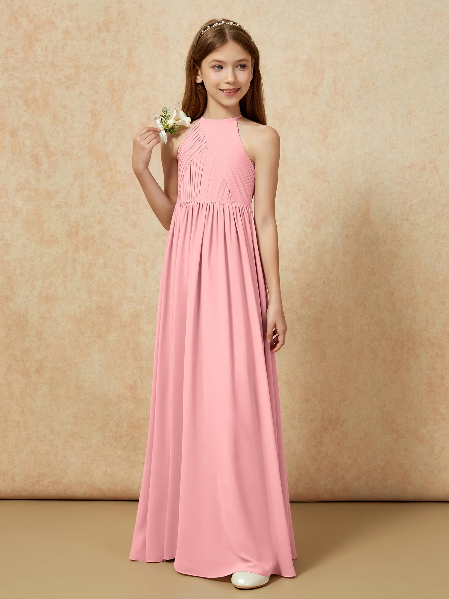 Halter Pleated Long Chiffon Junior Bridesmaid Dress Flamingo - Image 5