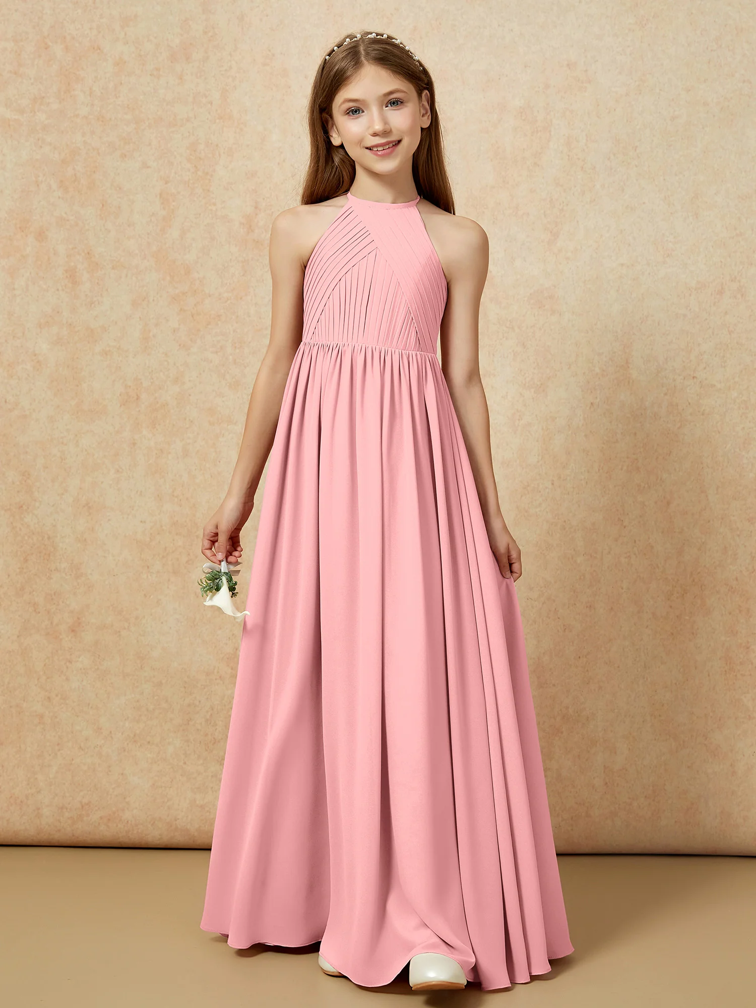 Halter Pleated Long Chiffon Junior Bridesmaid Dress Flamingo - Image 6