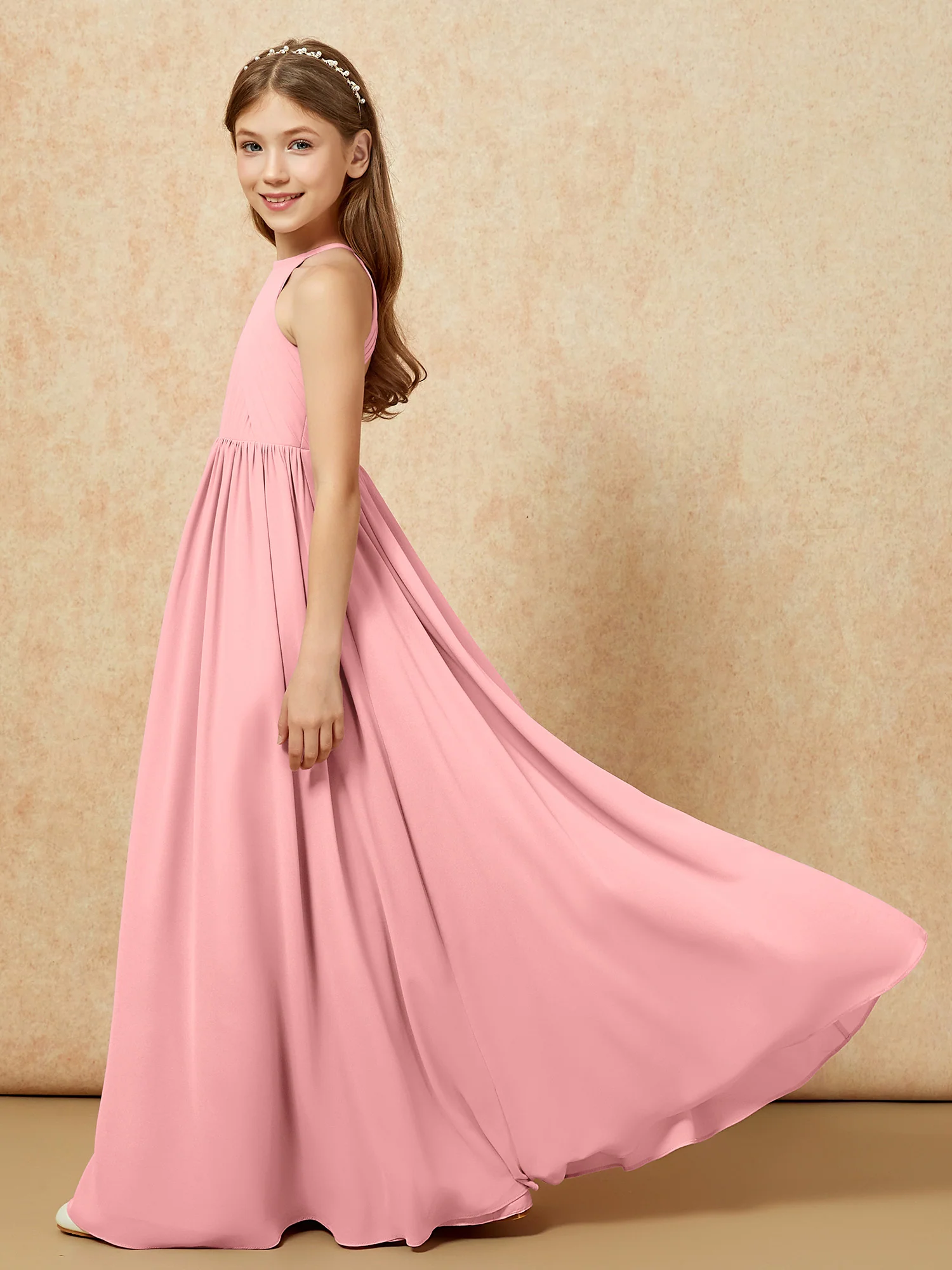 Halter Pleated Long Chiffon Junior Bridesmaid Dress Flamingo - Image 7