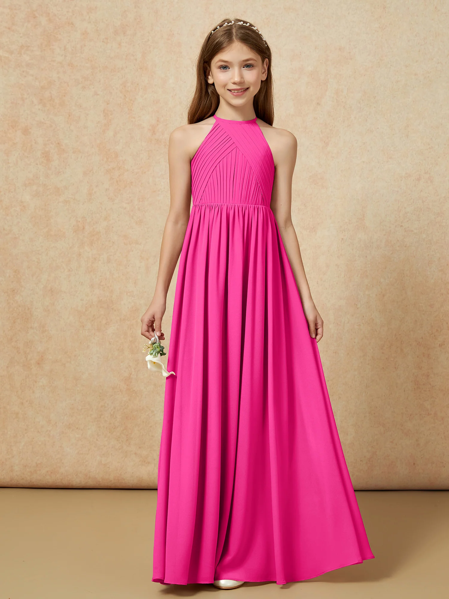 Halter Pleated Long Chiffon Junior Bridesmaid Dress Fuchsia