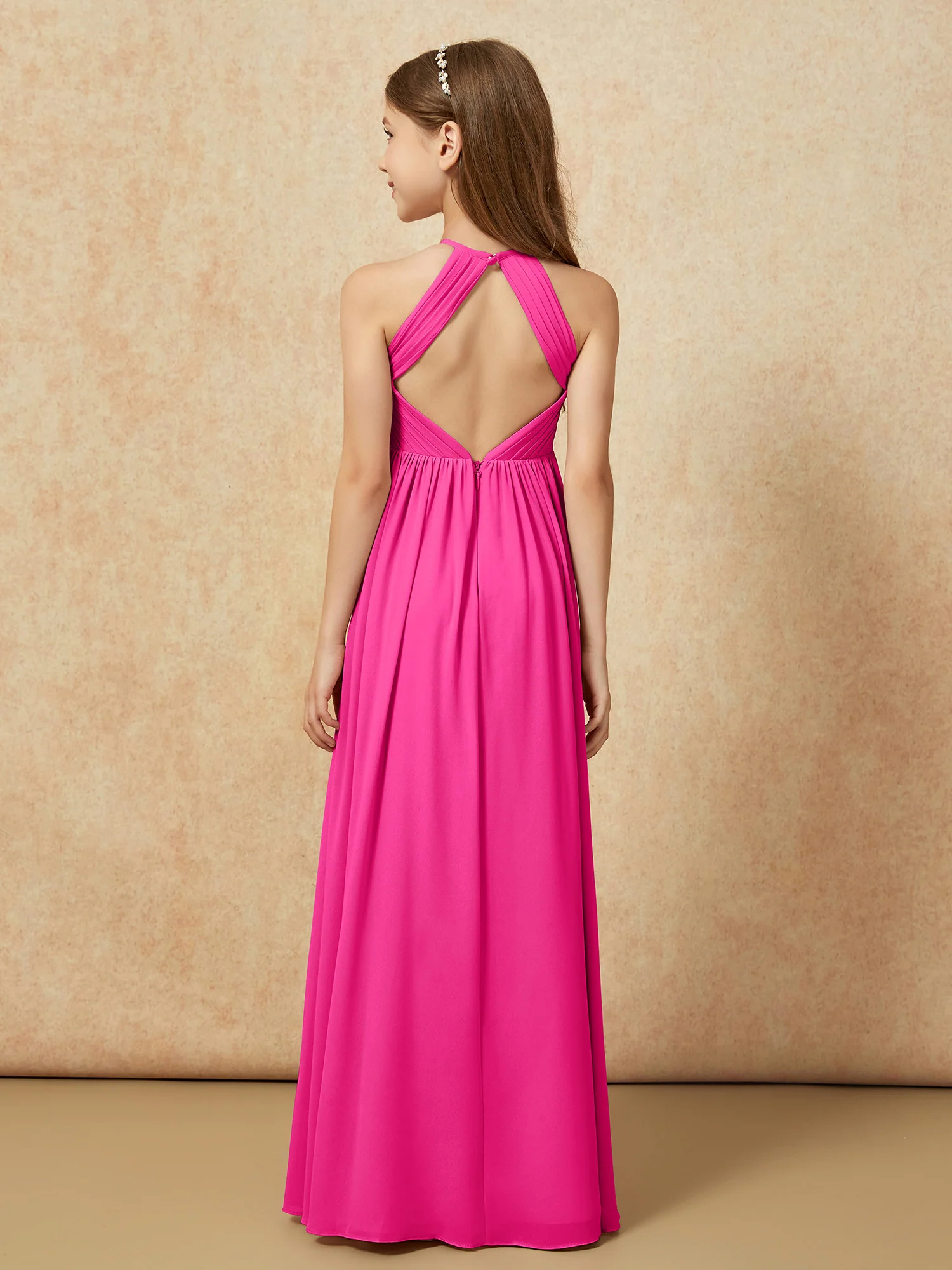 Halter Pleated Long Chiffon Junior Bridesmaid Dress Fuchsia - Image 2