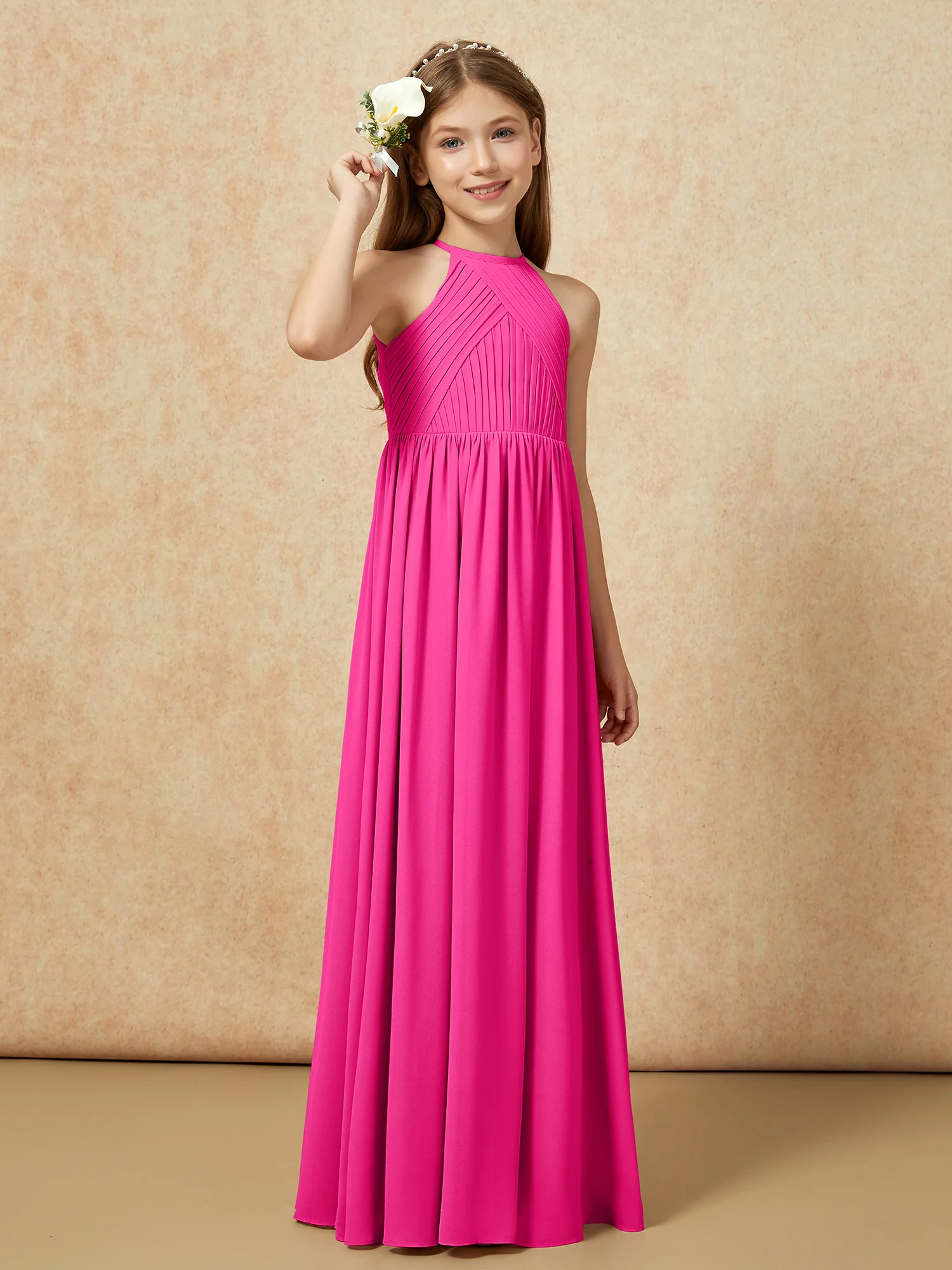 Halter Pleated Long Chiffon Junior Bridesmaid Dress Fuchsia - Image 4