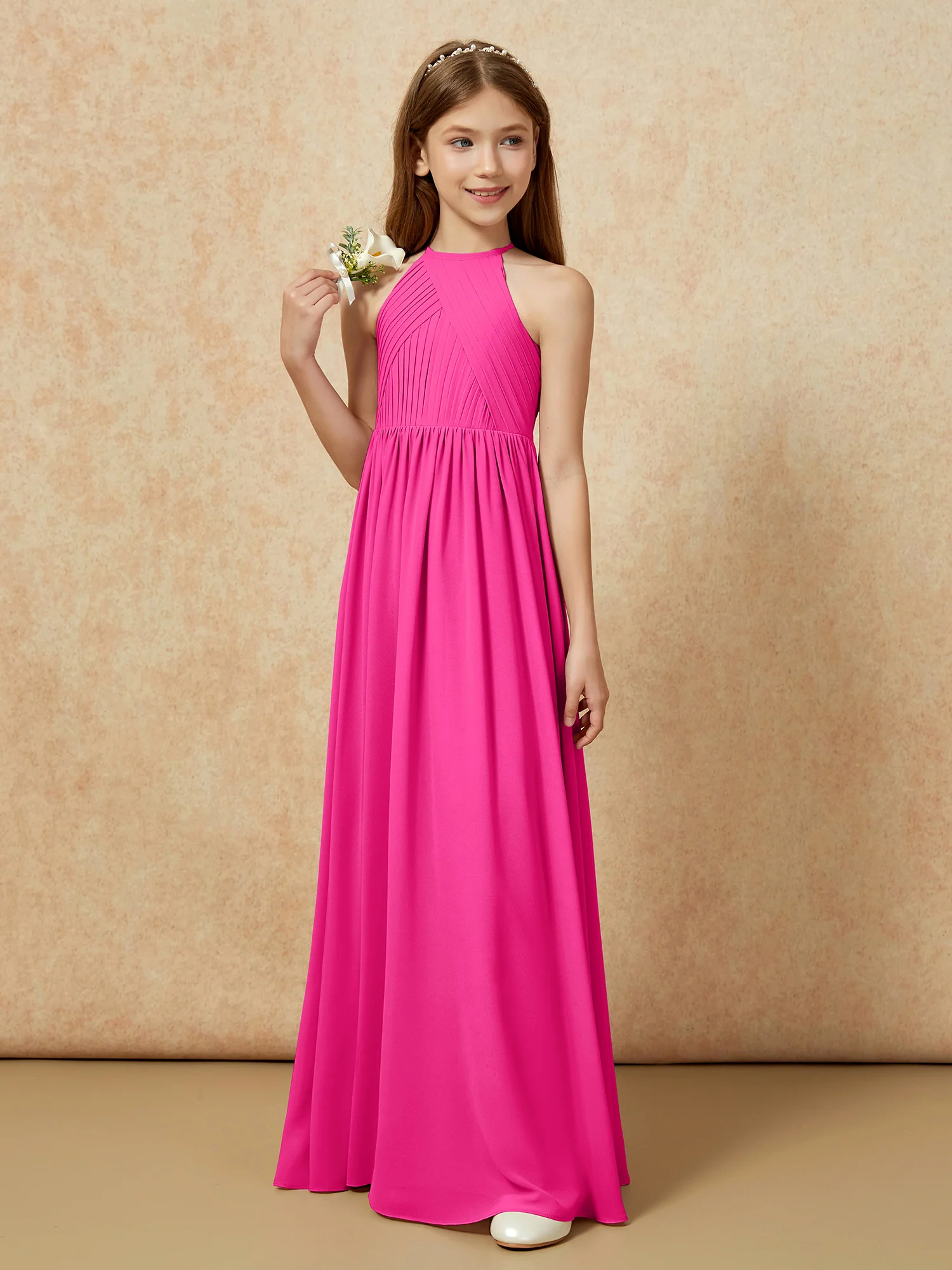 Halter Pleated Long Chiffon Junior Bridesmaid Dress Fuchsia - Image 5
