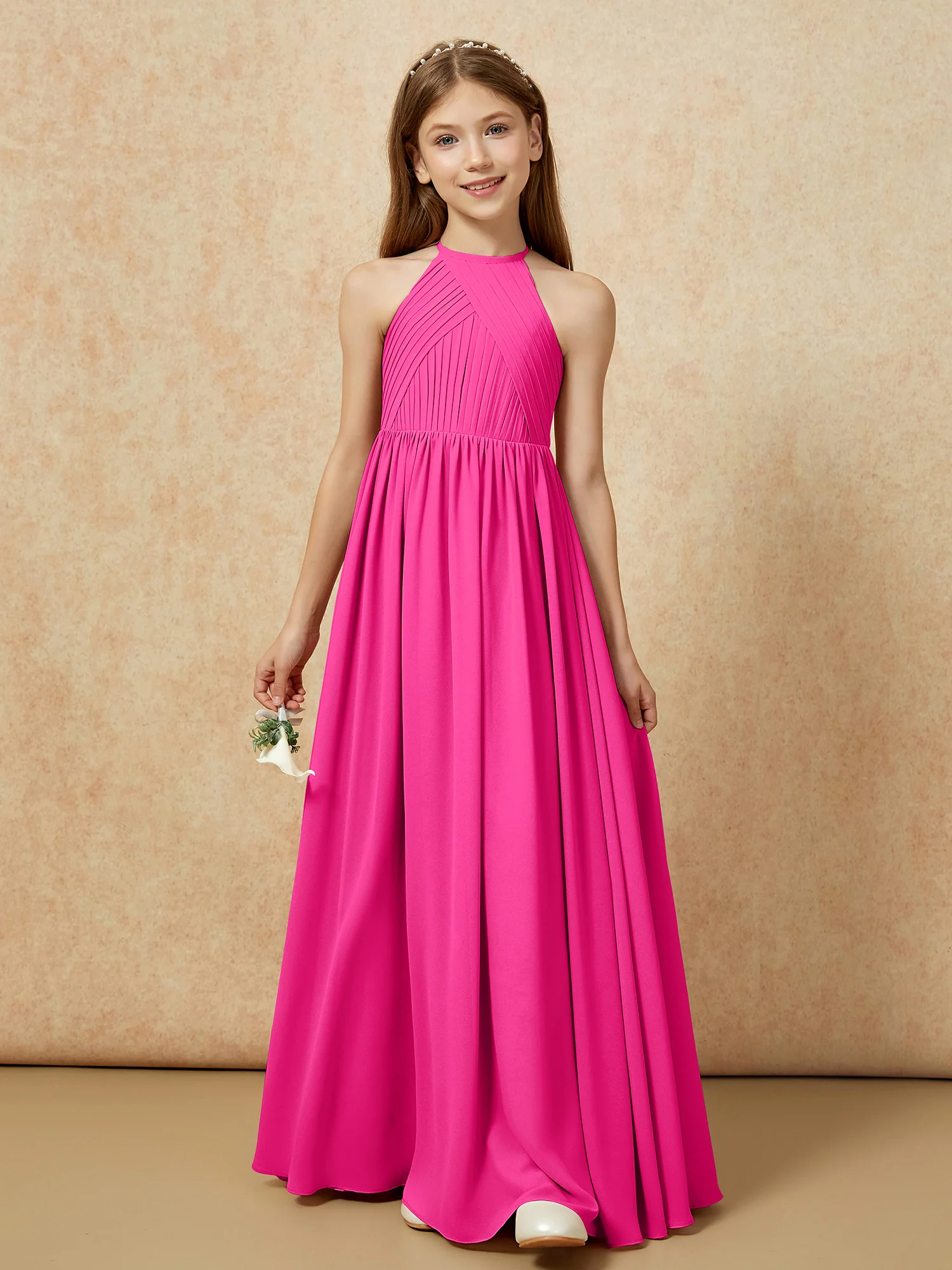 Halter Pleated Long Chiffon Junior Bridesmaid Dress Fuchsia - Image 6