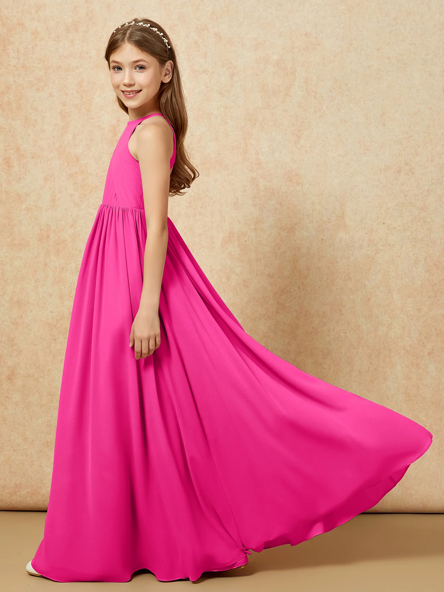 Halter Pleated Long Chiffon Junior Bridesmaid Dress Fuchsia - Image 7