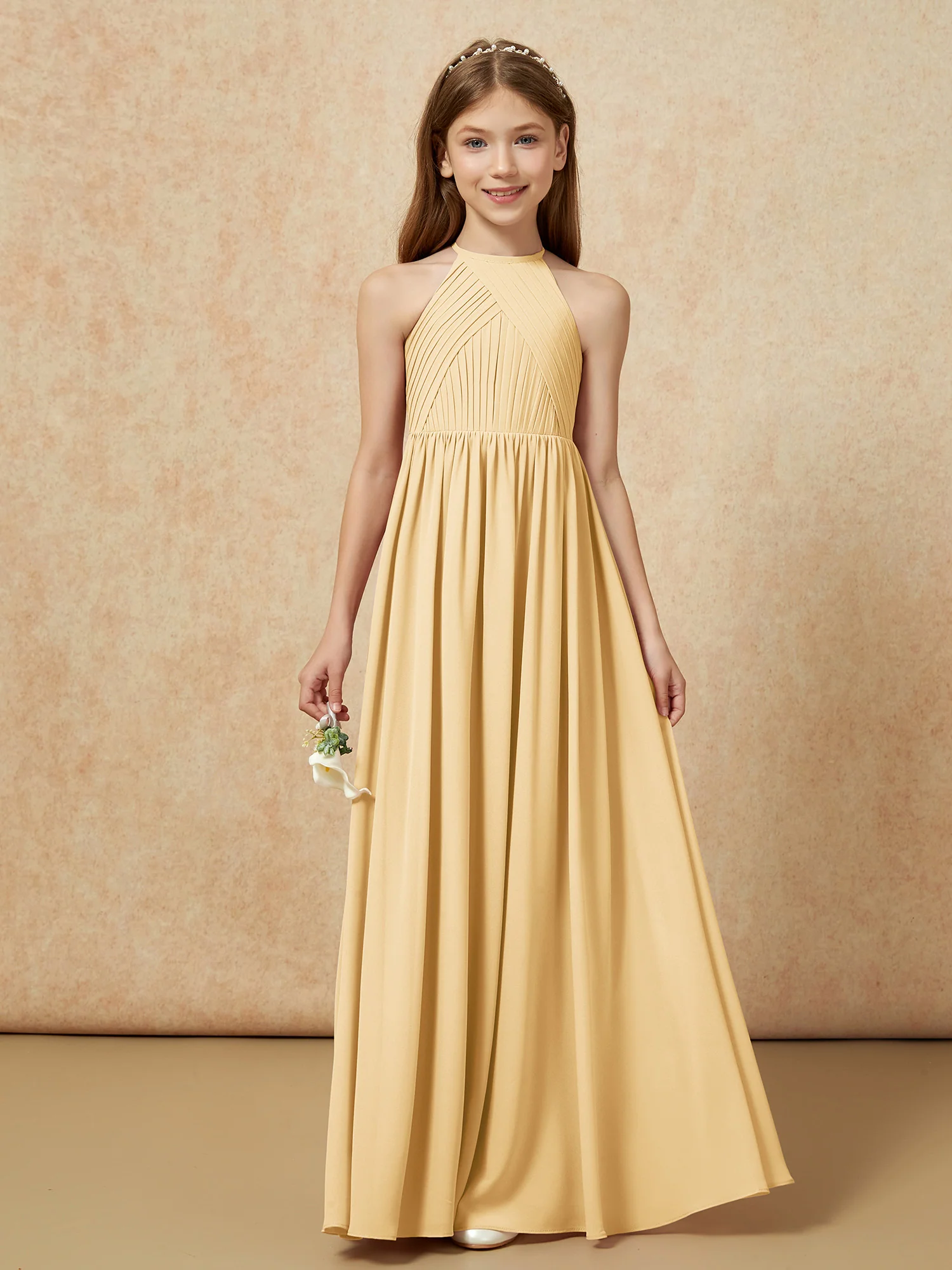 Halter Pleated Long Chiffon Junior Bridesmaid Dress Gold