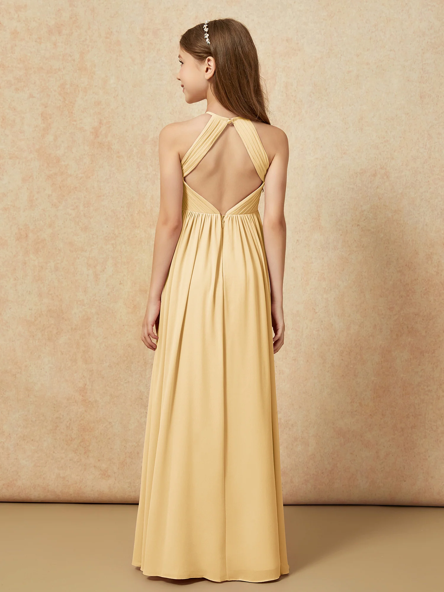 Halter Pleated Long Chiffon Junior Bridesmaid Dress Gold - Image 2