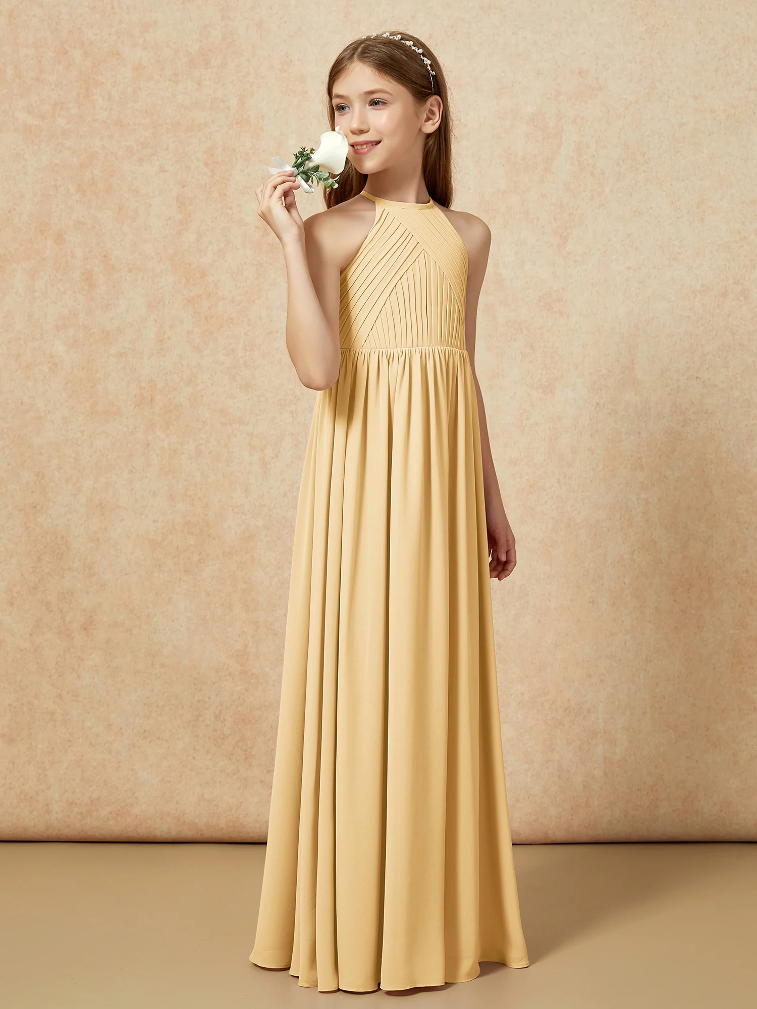 Halter Pleated Long Chiffon Junior Bridesmaid Dress Gold - Image 3