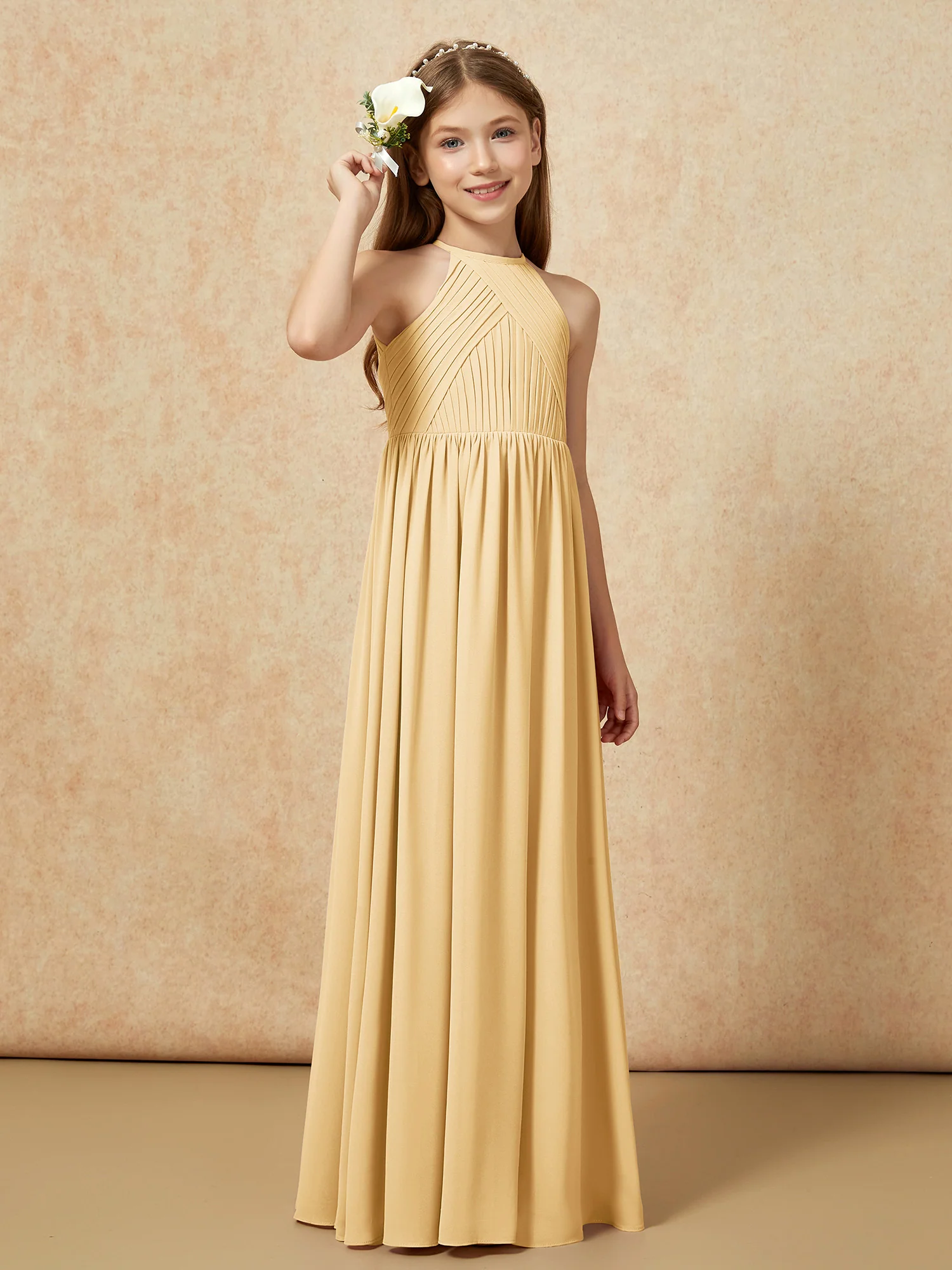 Halter Pleated Long Chiffon Junior Bridesmaid Dress Gold - Image 4