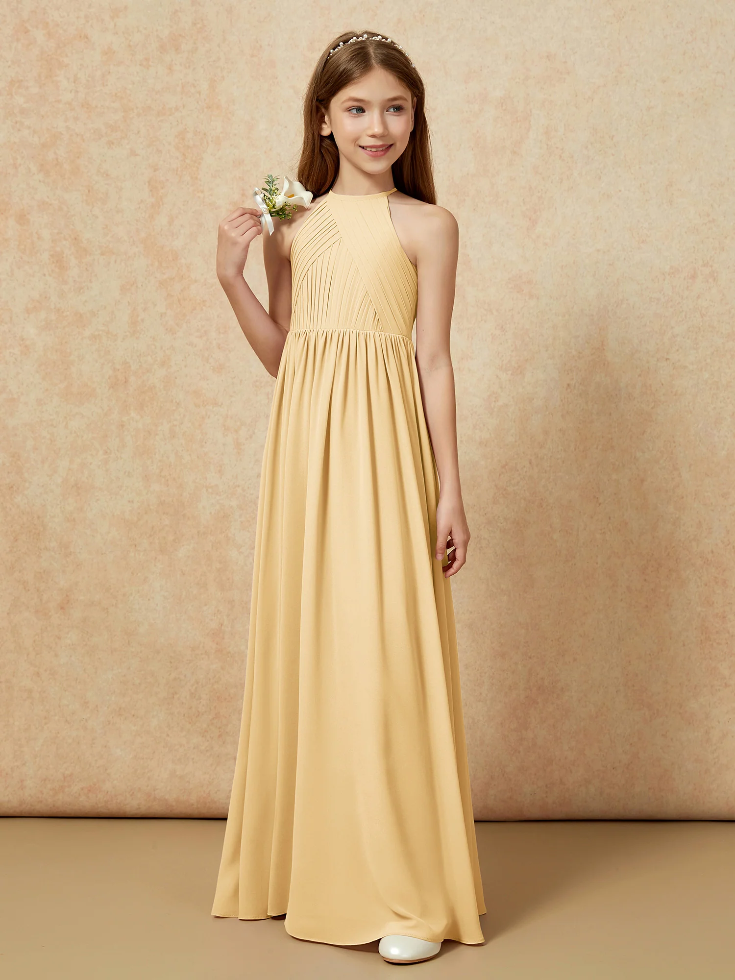 Halter Pleated Long Chiffon Junior Bridesmaid Dress Gold - Image 5