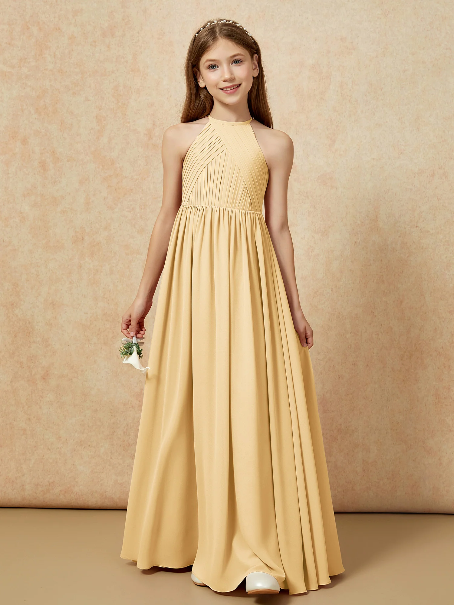 Halter Pleated Long Chiffon Junior Bridesmaid Dress Gold - Image 6