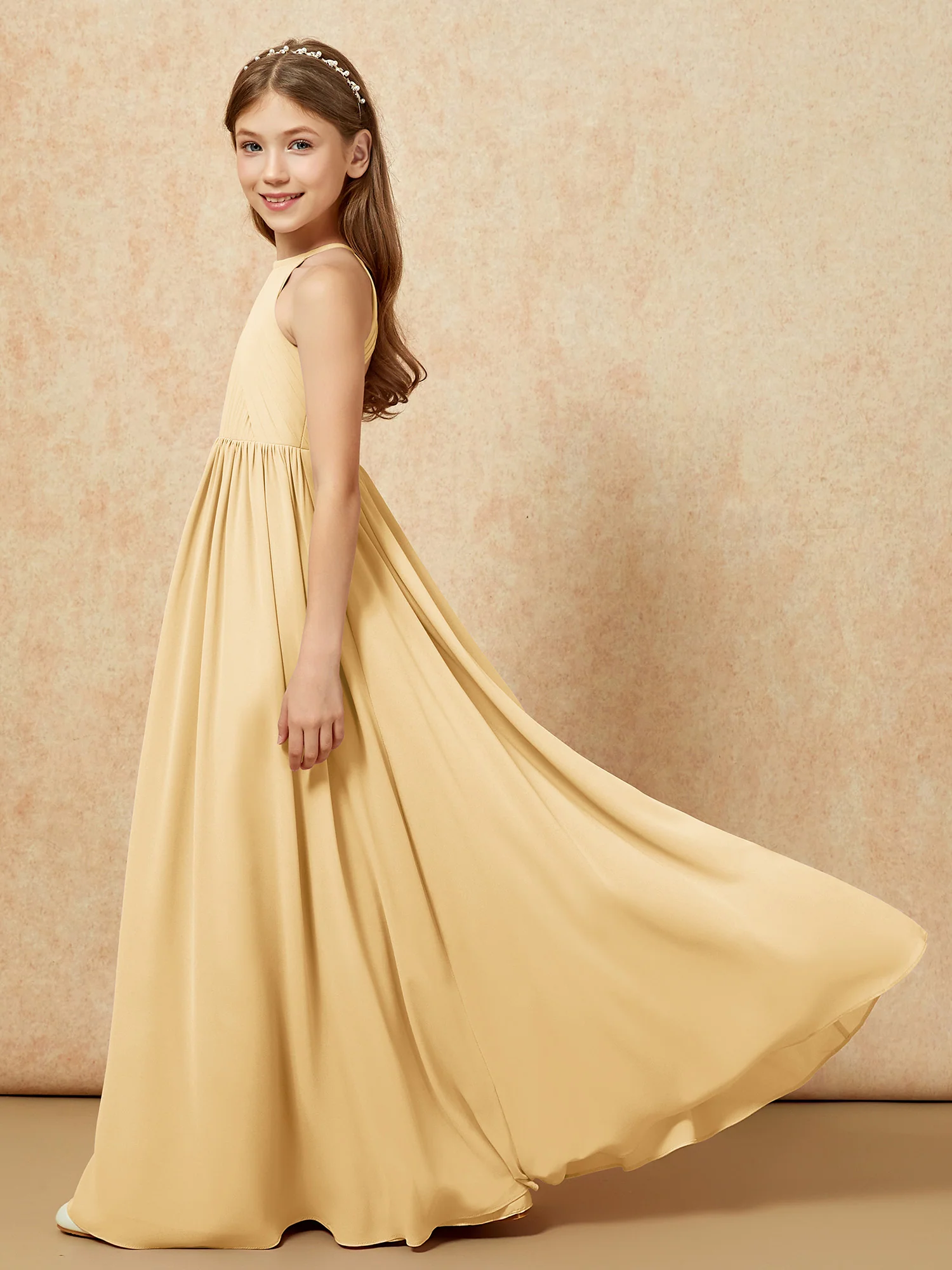 Halter Pleated Long Chiffon Junior Bridesmaid Dress Gold - Image 7