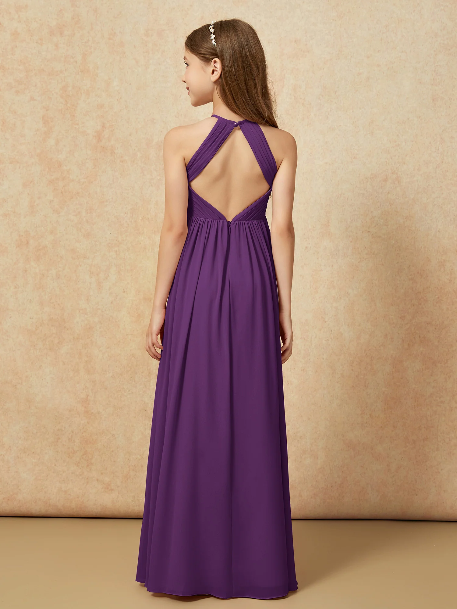 Halter Pleated Long Chiffon Junior Bridesmaid Dress Grape - Image 2