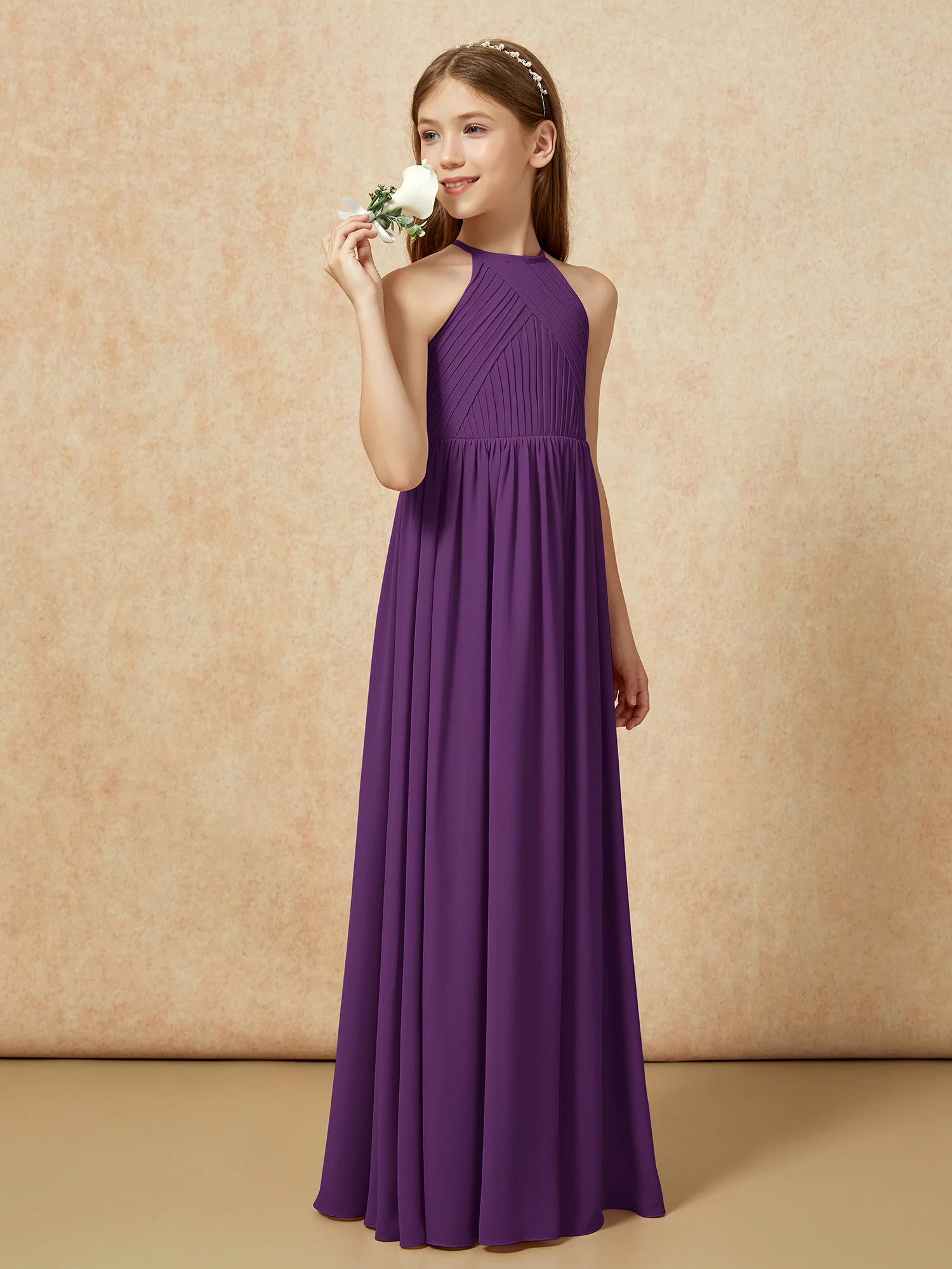 Halter Pleated Long Chiffon Junior Bridesmaid Dress Grape - Image 3