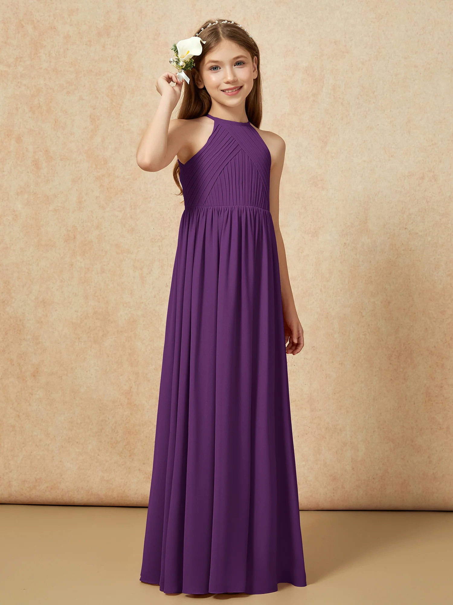 Halter Pleated Long Chiffon Junior Bridesmaid Dress Grape - Image 4