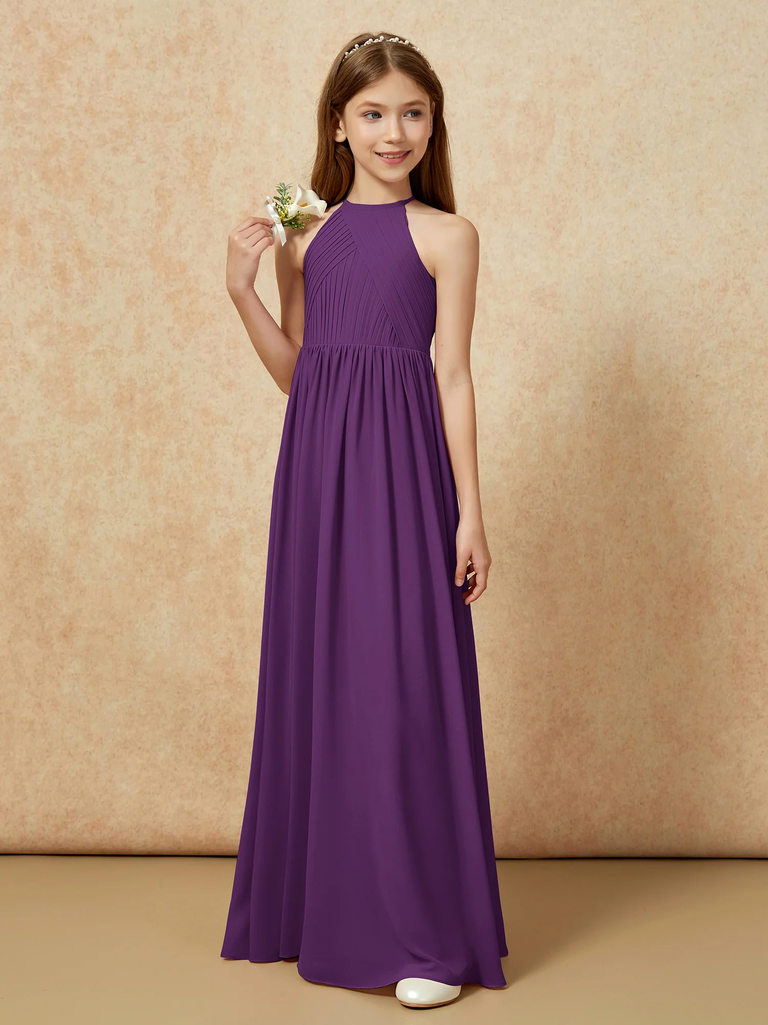 Halter Pleated Long Chiffon Junior Bridesmaid Dress Grape - Image 5