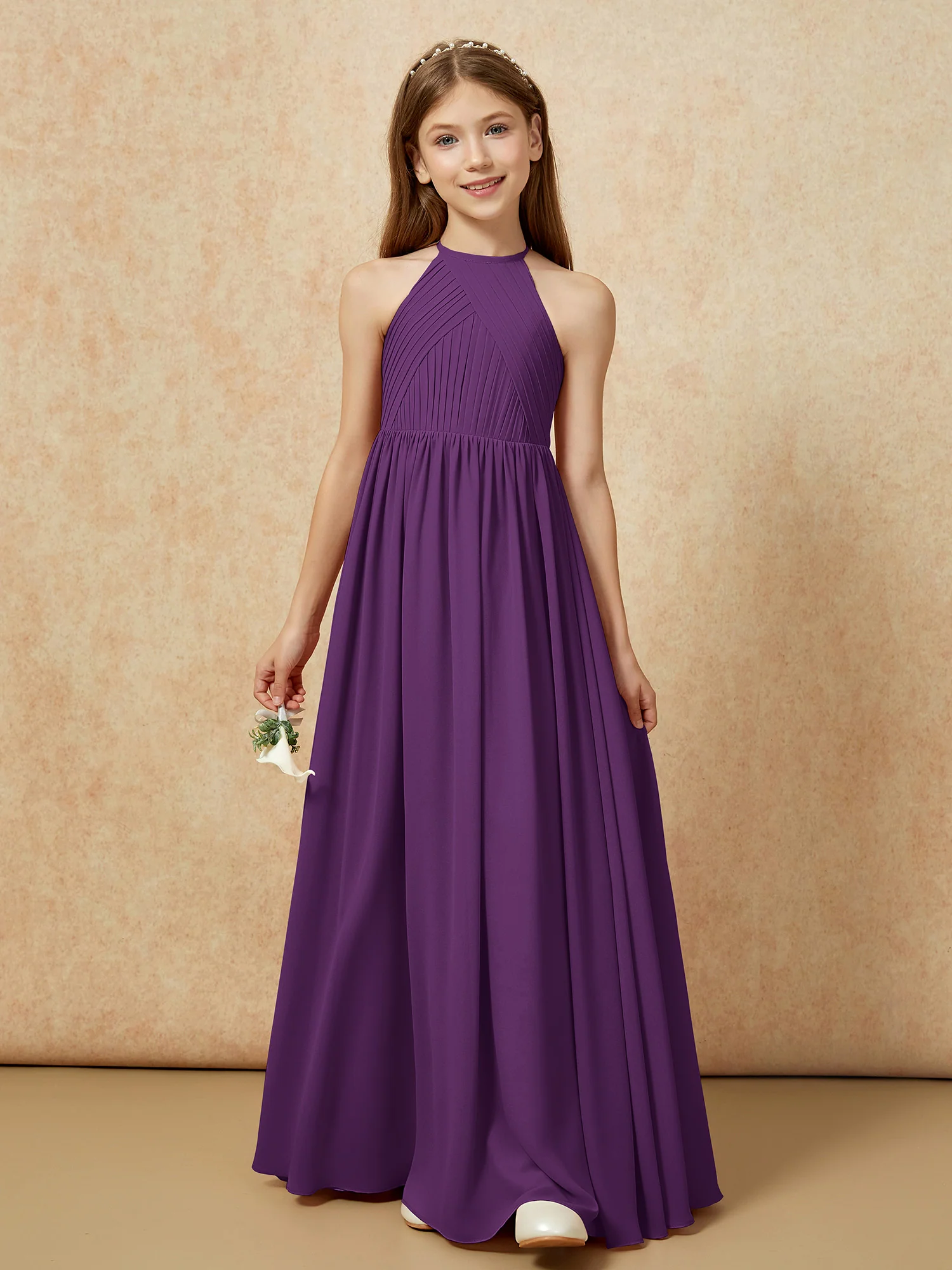 Halter Pleated Long Chiffon Junior Bridesmaid Dress Grape - Image 6