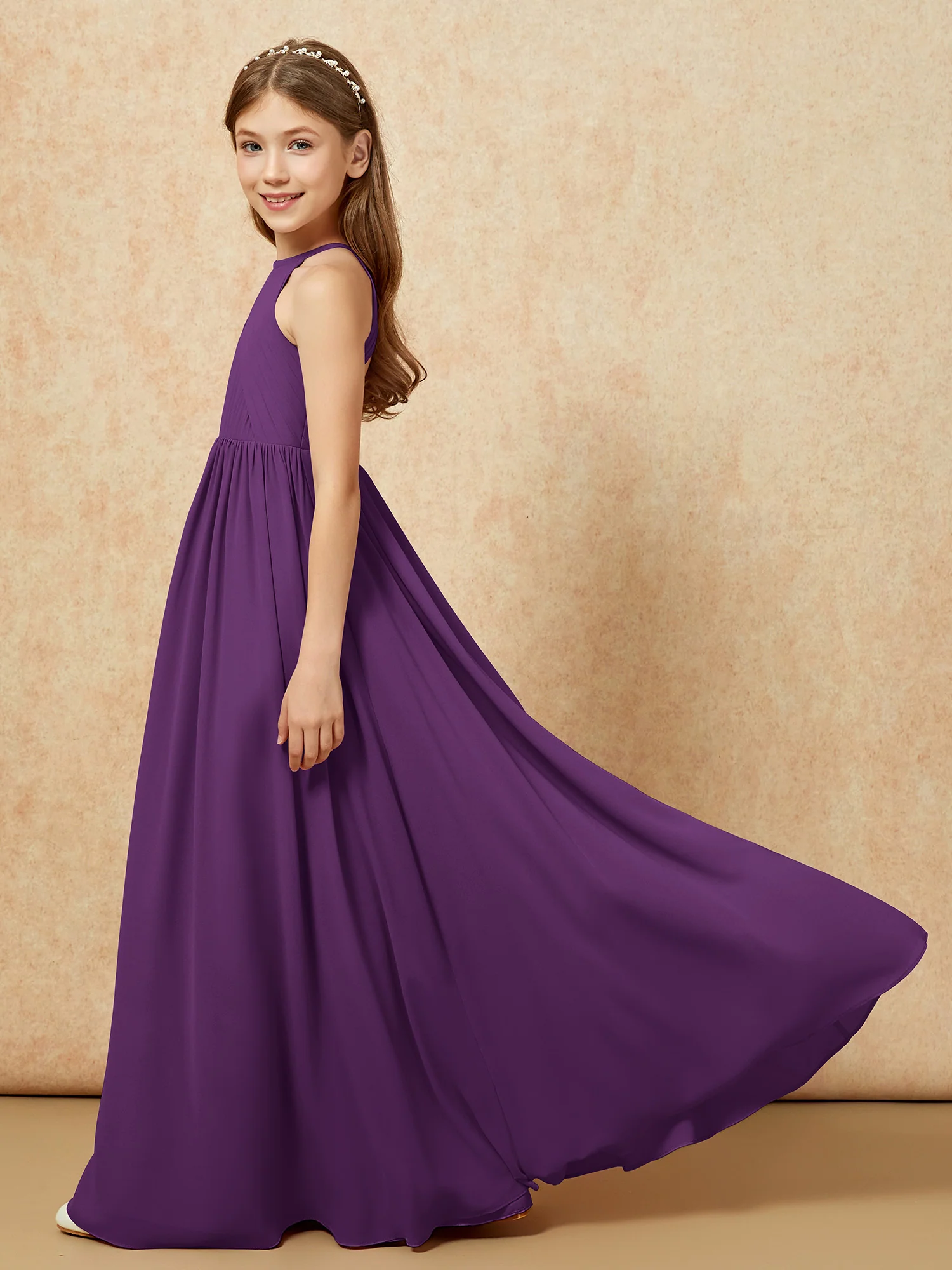 Halter Pleated Long Chiffon Junior Bridesmaid Dress Grape - Image 7