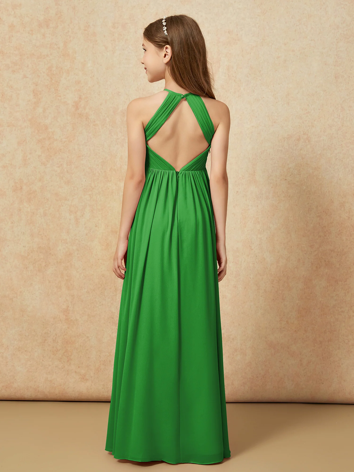 Halter Pleated Long Chiffon Junior Bridesmaid Dress Green - Image 2