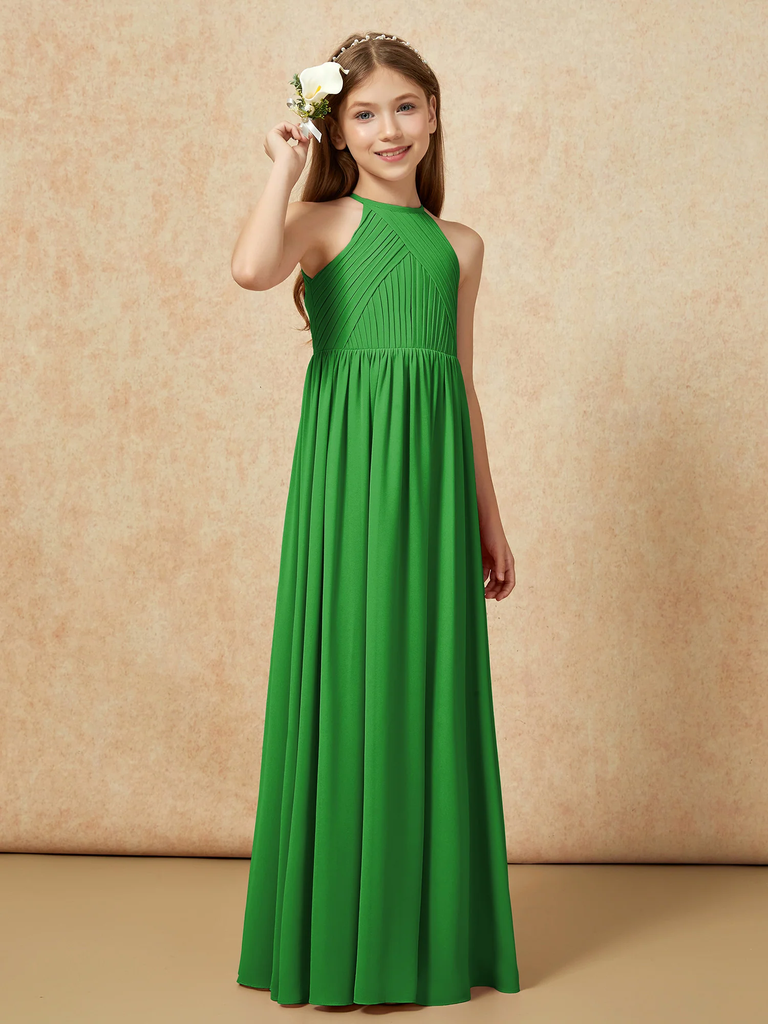 Halter Pleated Long Chiffon Junior Bridesmaid Dress Green - Image 4